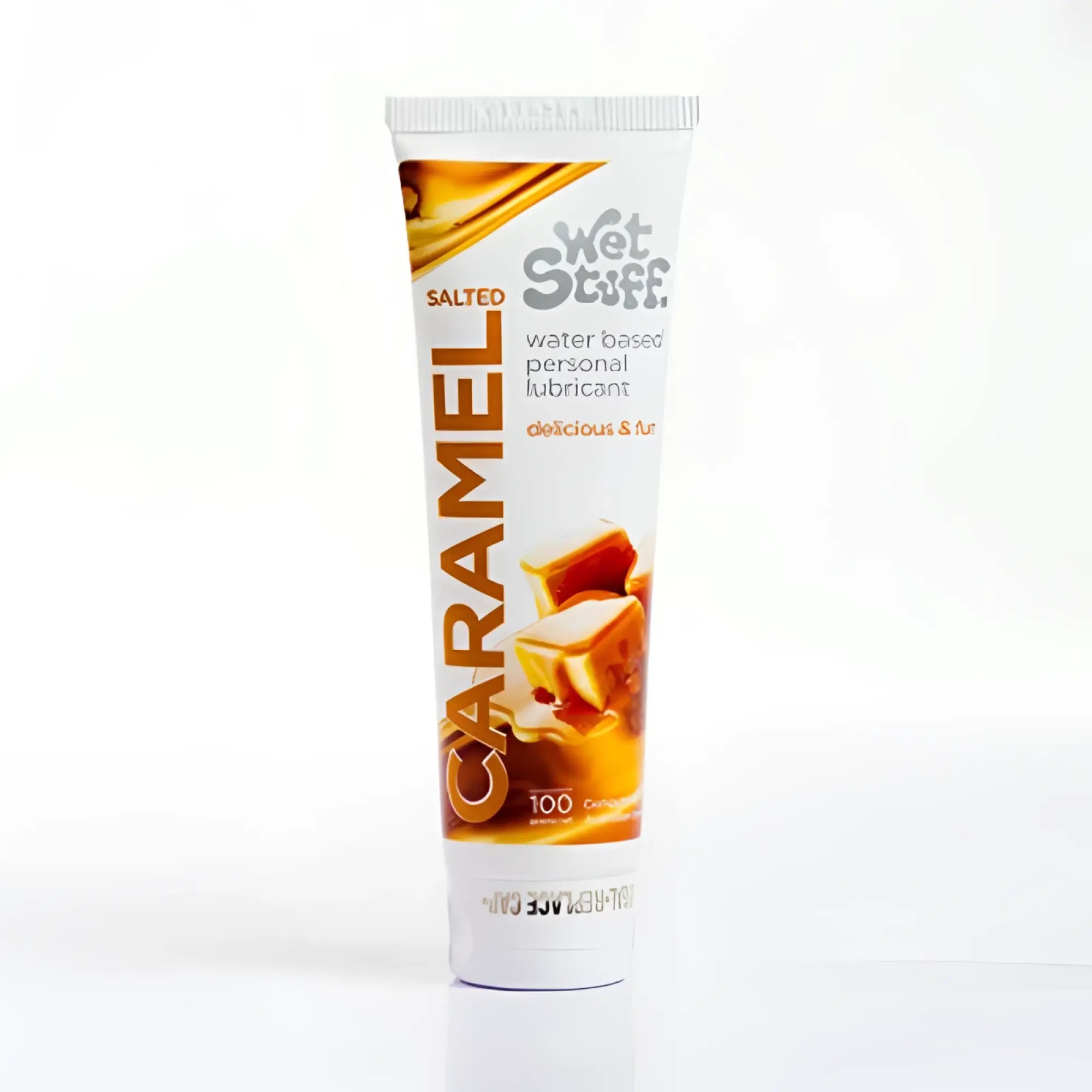 Wet stuff salted caramel water-based personal lubricant in white tube with orange and gold graphics 100g