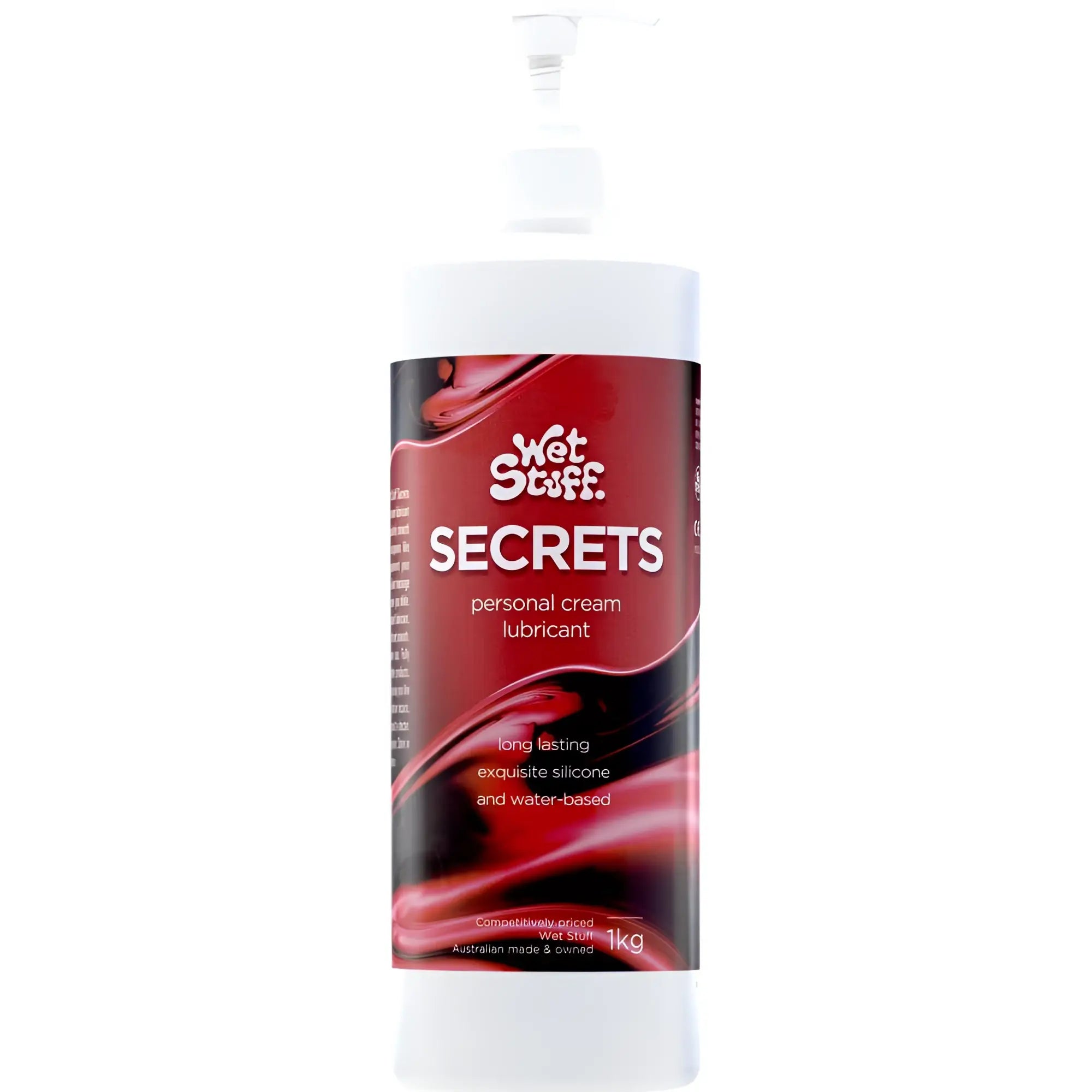 Red and black labeled Wet Stuff Secrets personal cream lubricant pump bottle with white dispenser in 1kg size