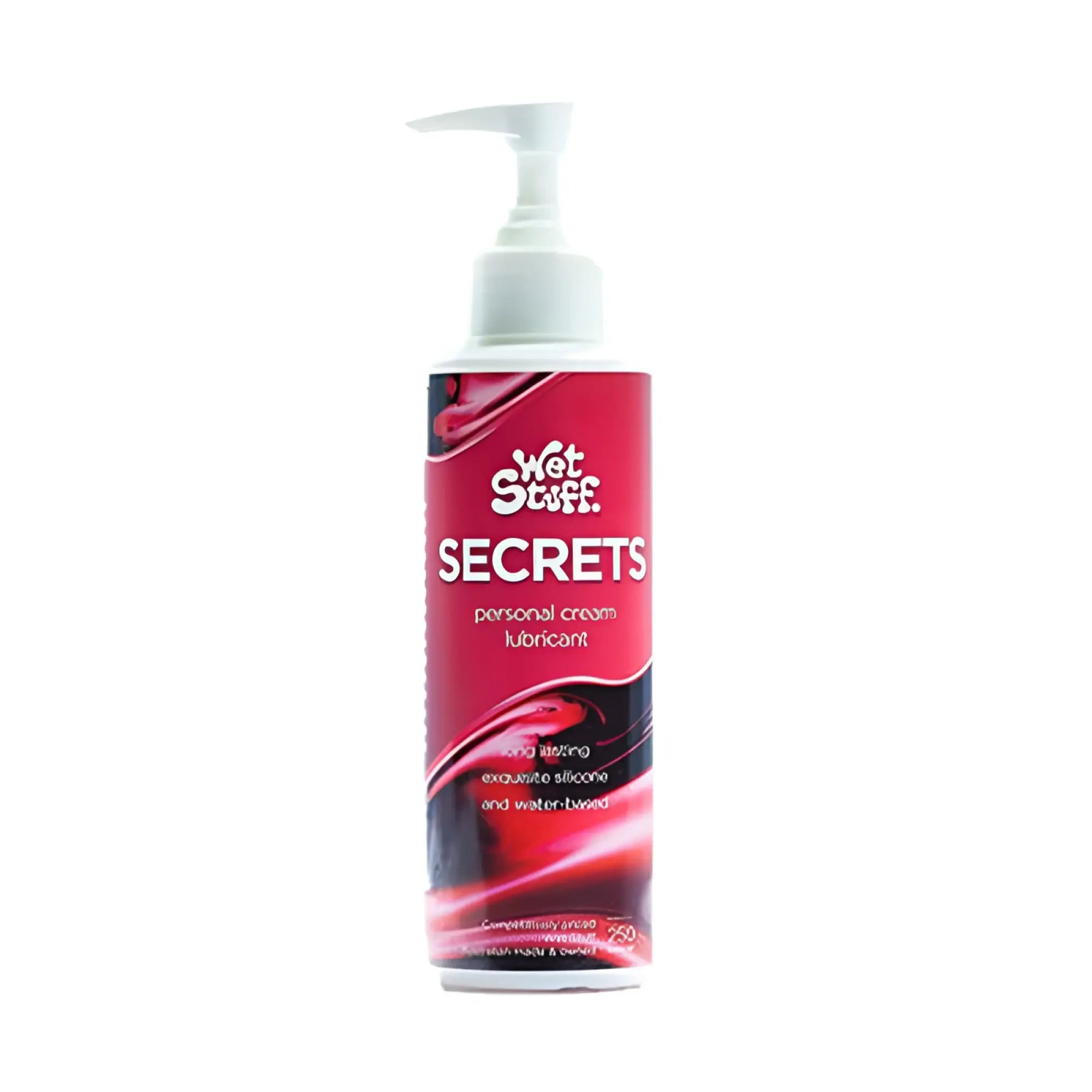 Red and black labeled pump bottle of Wet Stuff Secrets personal cream lubricant 250ml for intimate use