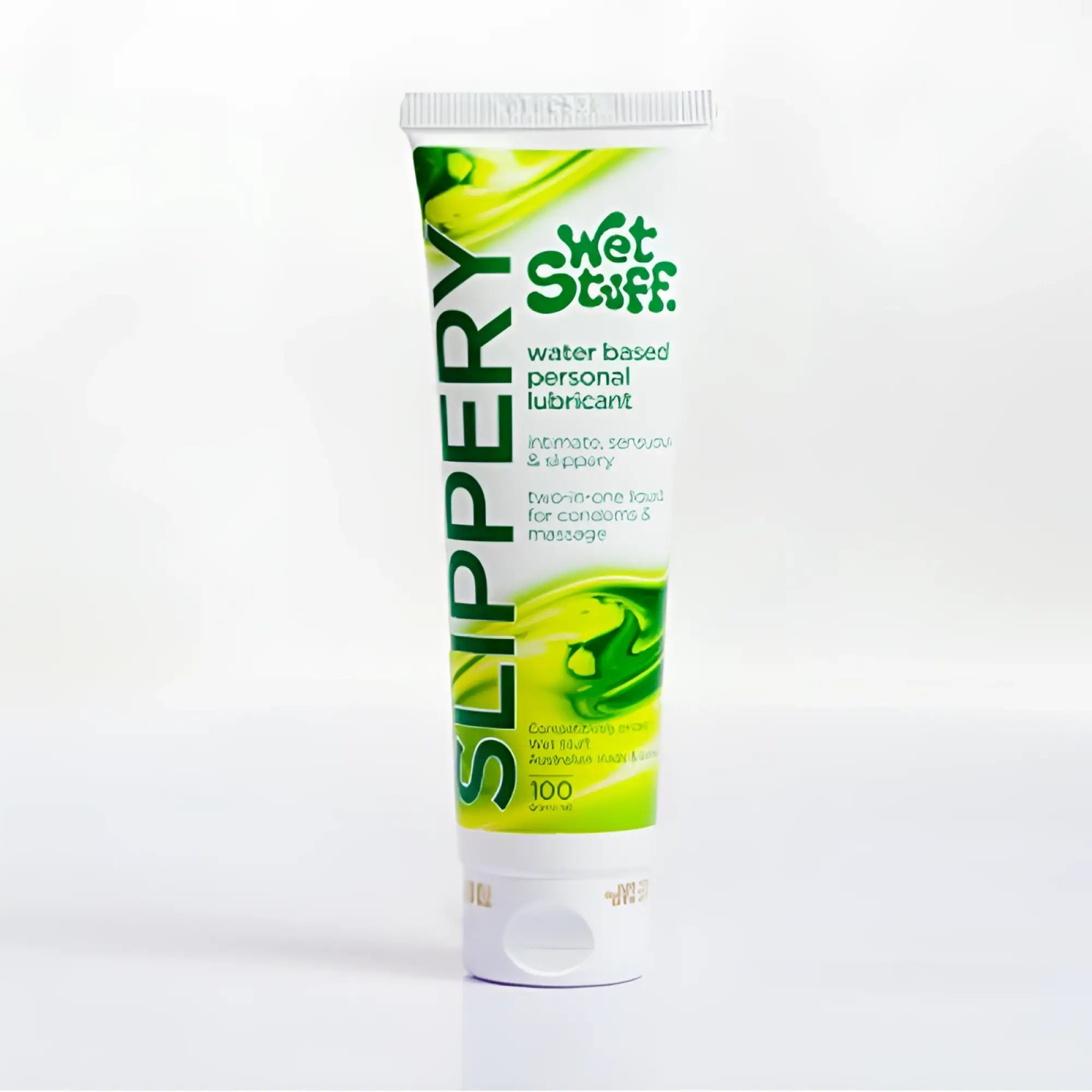 Green and white tube of Wet Stuff slippery water-based personal lubricant 100g for smooth intimate use