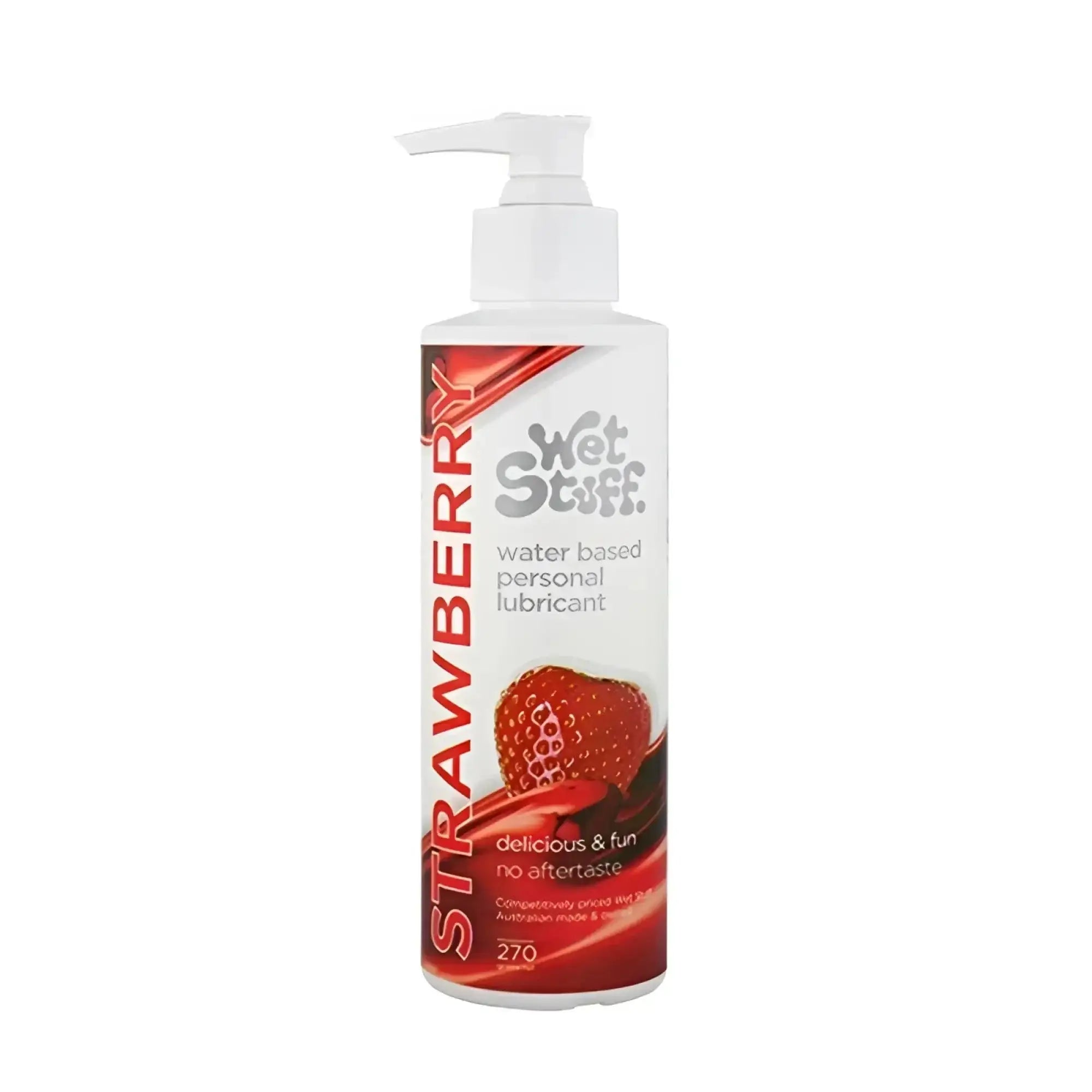 White pump bottle of Wet Stuff strawberry water-based personal lubricant with red and white label featuring strawberry