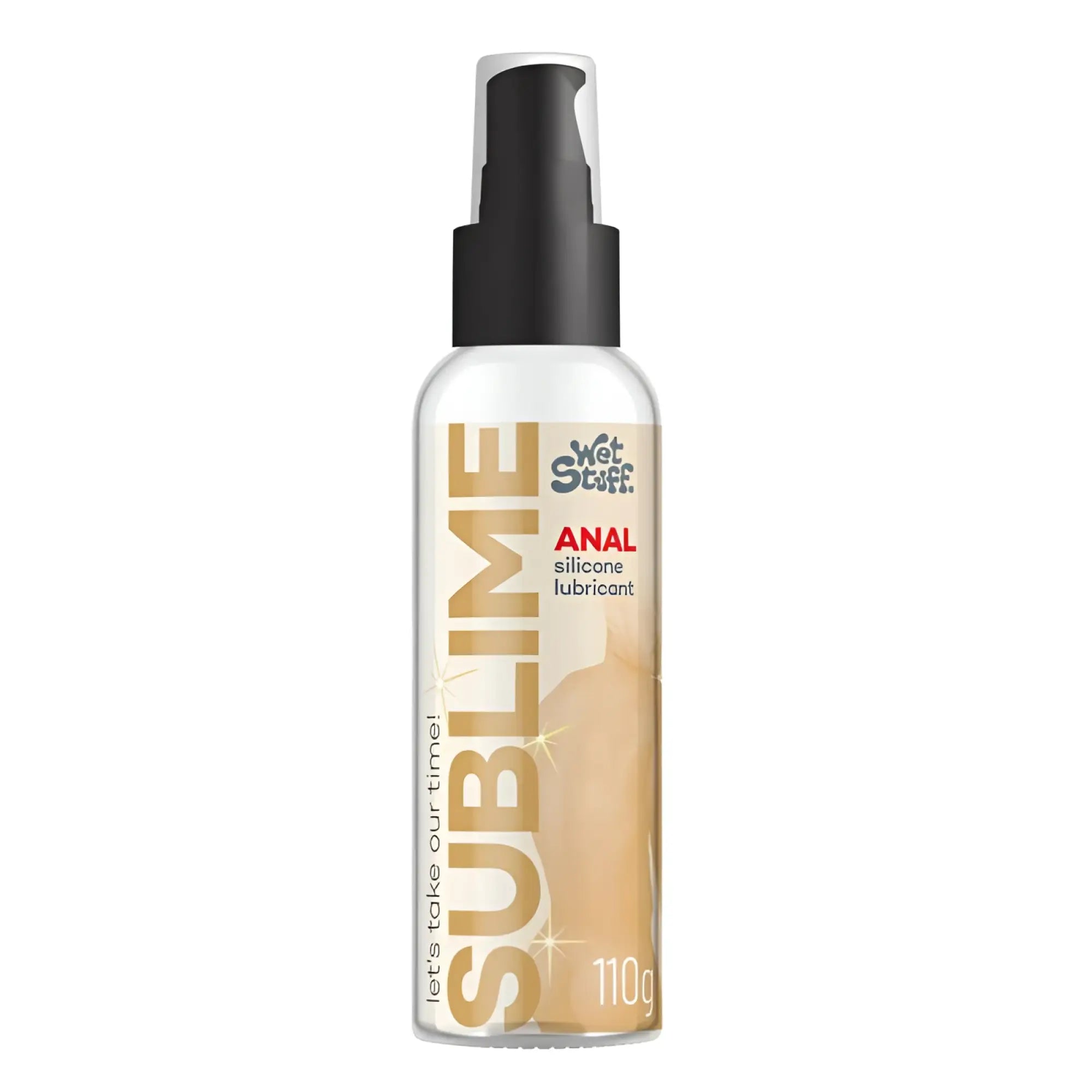 Clear plastic bottle of Wet Stuff sublime anal silicone lubricant with black spray nozzle and gold red label on beige background