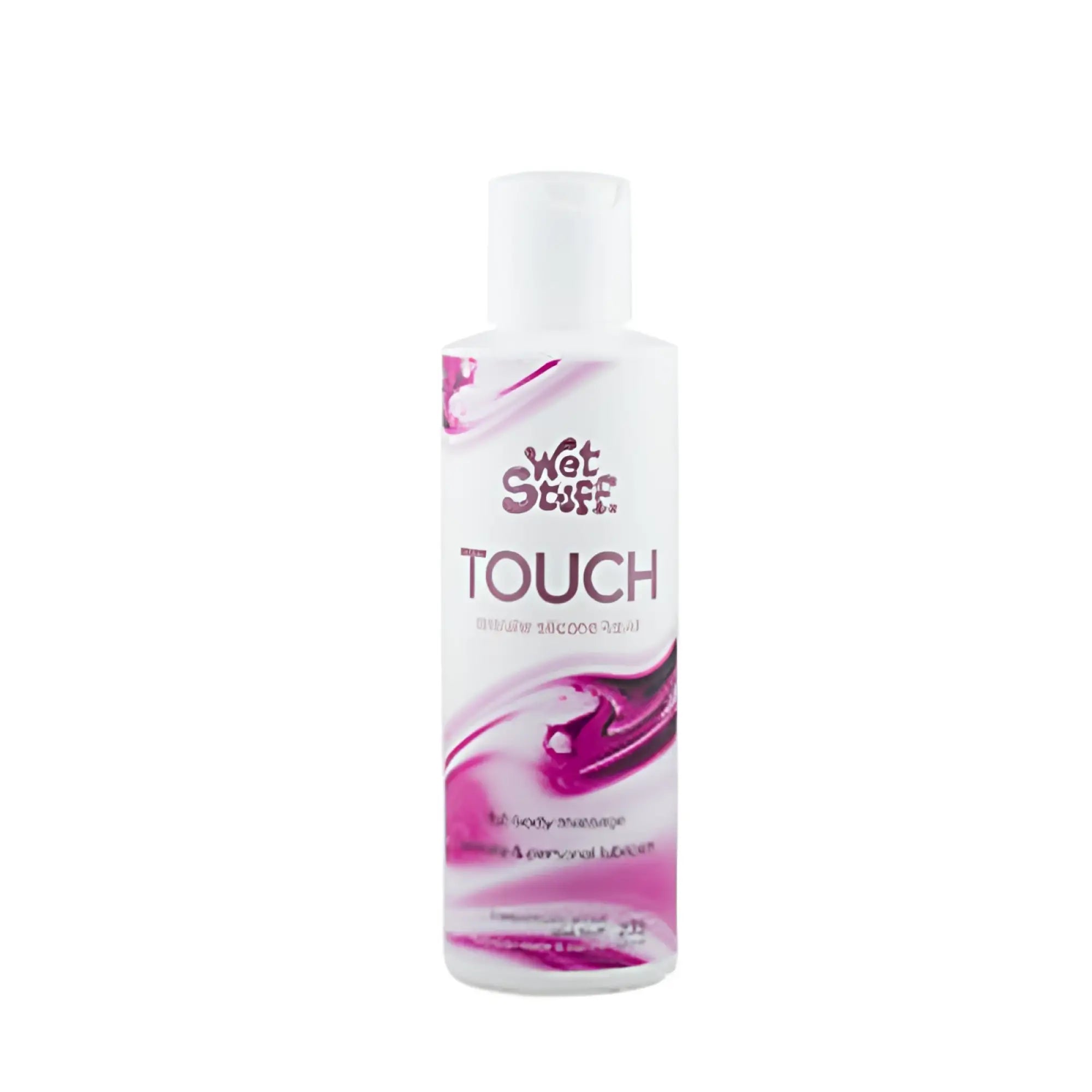 A white plastic bottle of wet stuff touch intimate massage oil with pink and purple swirling design 235g disc top
