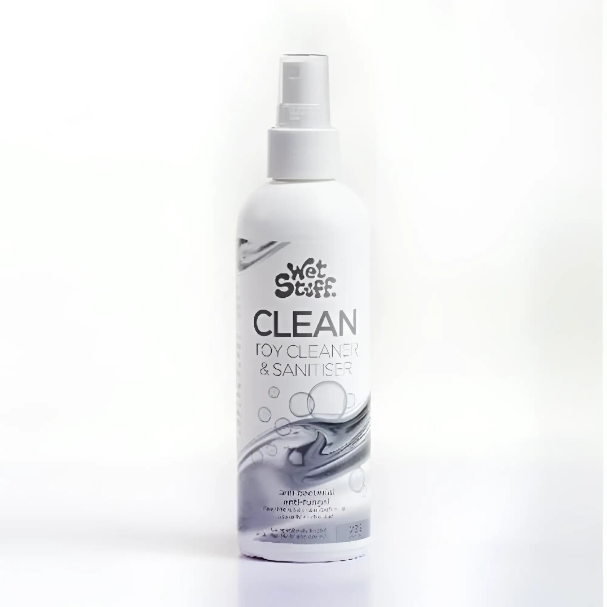 White plastic spray bottle of wet stuff toy cleaner and sanitiser 235g with silver and black graphic design