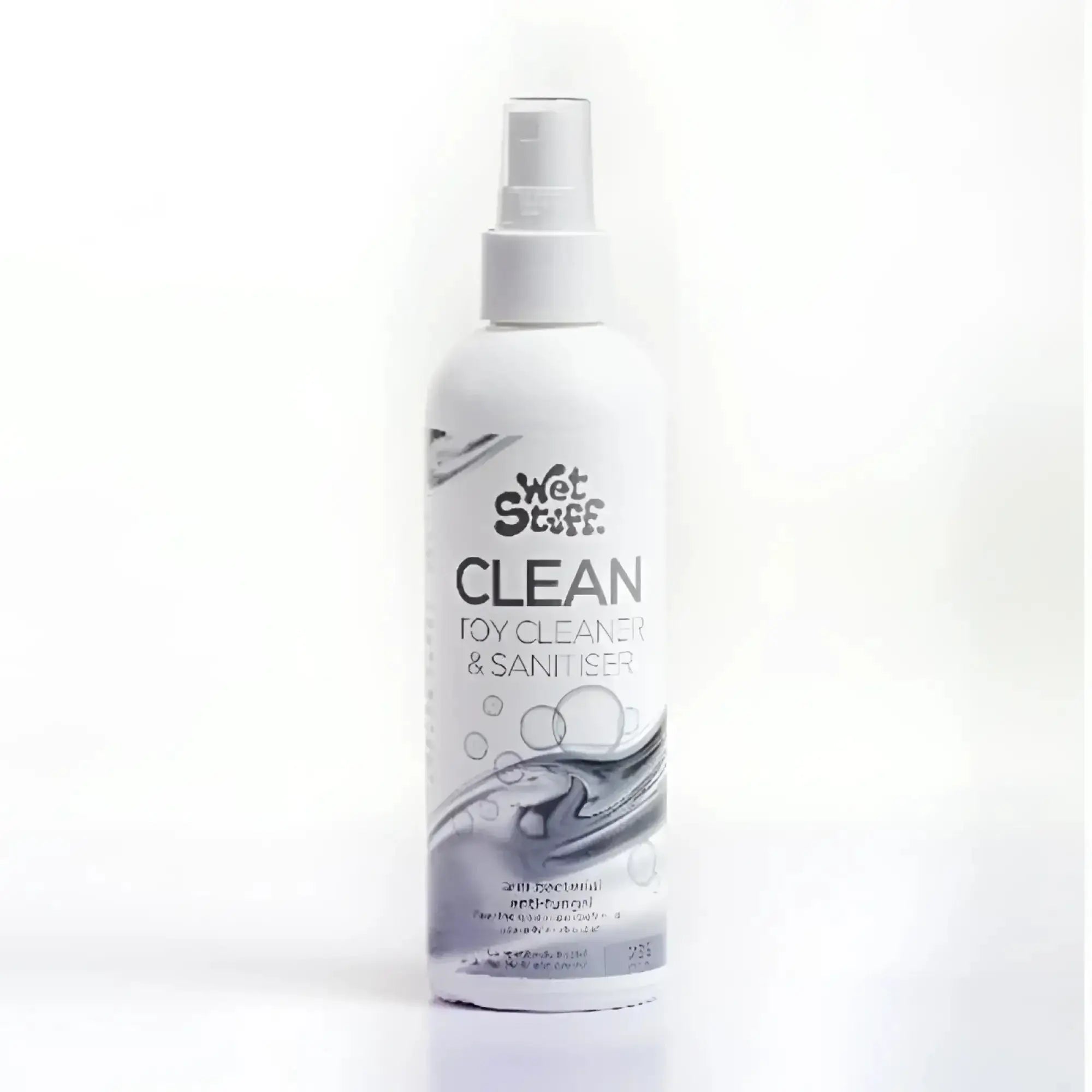White plastic spray bottle of wet stuff toy cleaner and sanitiser 235g with silver and black graphic design
