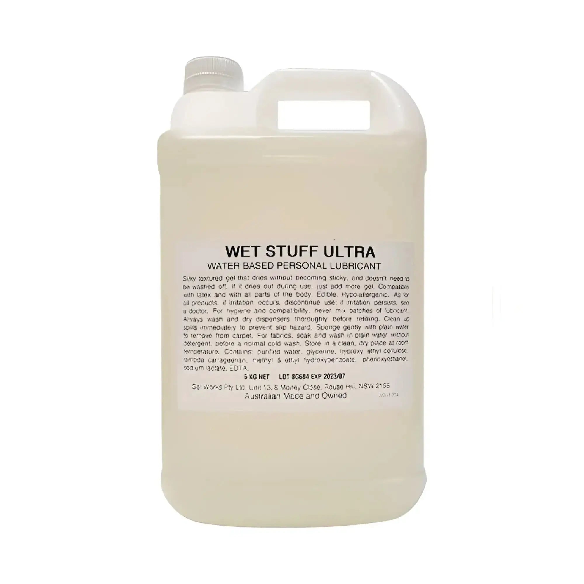 A translucent white plastic jug with gray cap and handle containing wet stuff ultra water based personal lubricant 5kg