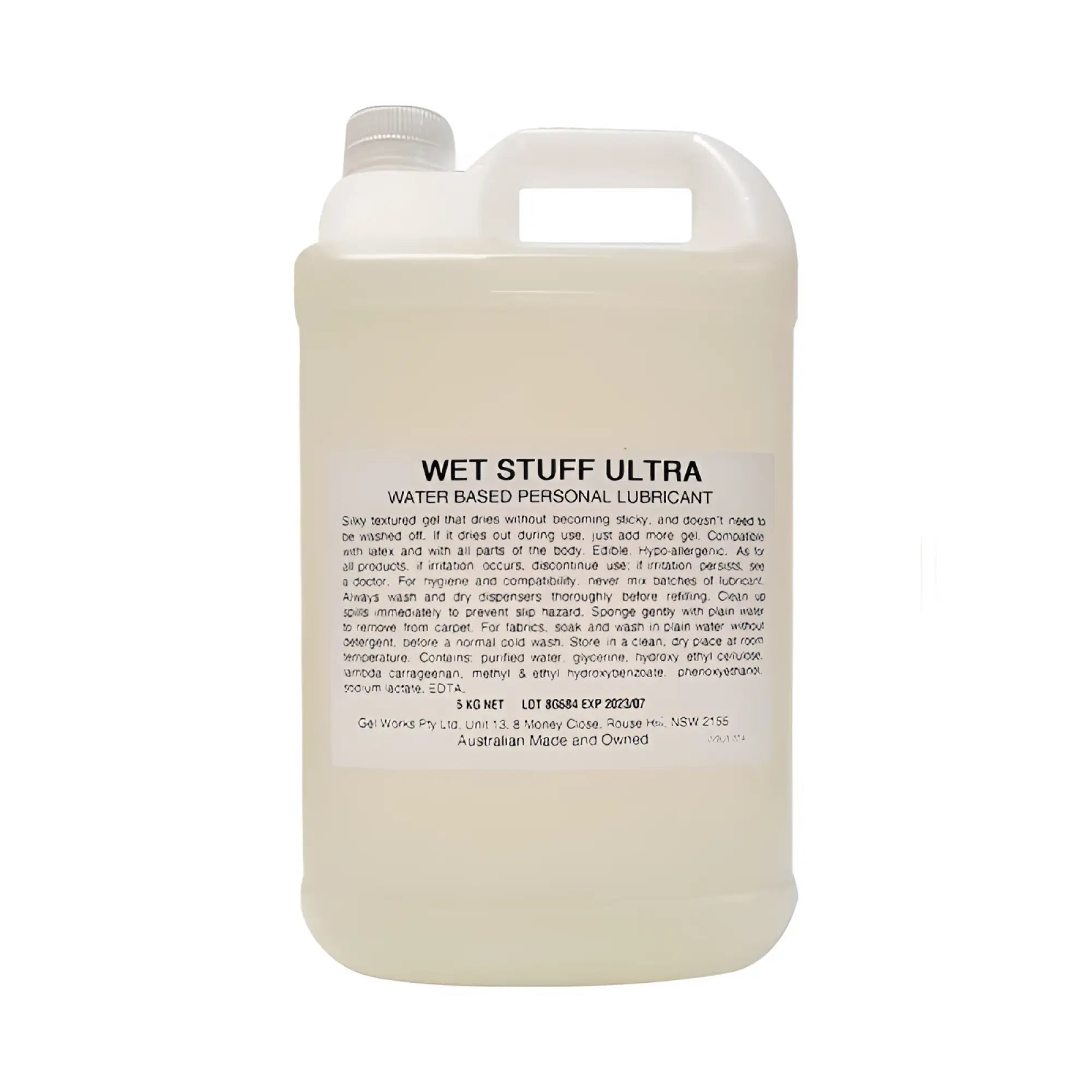 A translucent white plastic jug with gray cap and handle containing wet stuff ultra water based personal lubricant 5kg