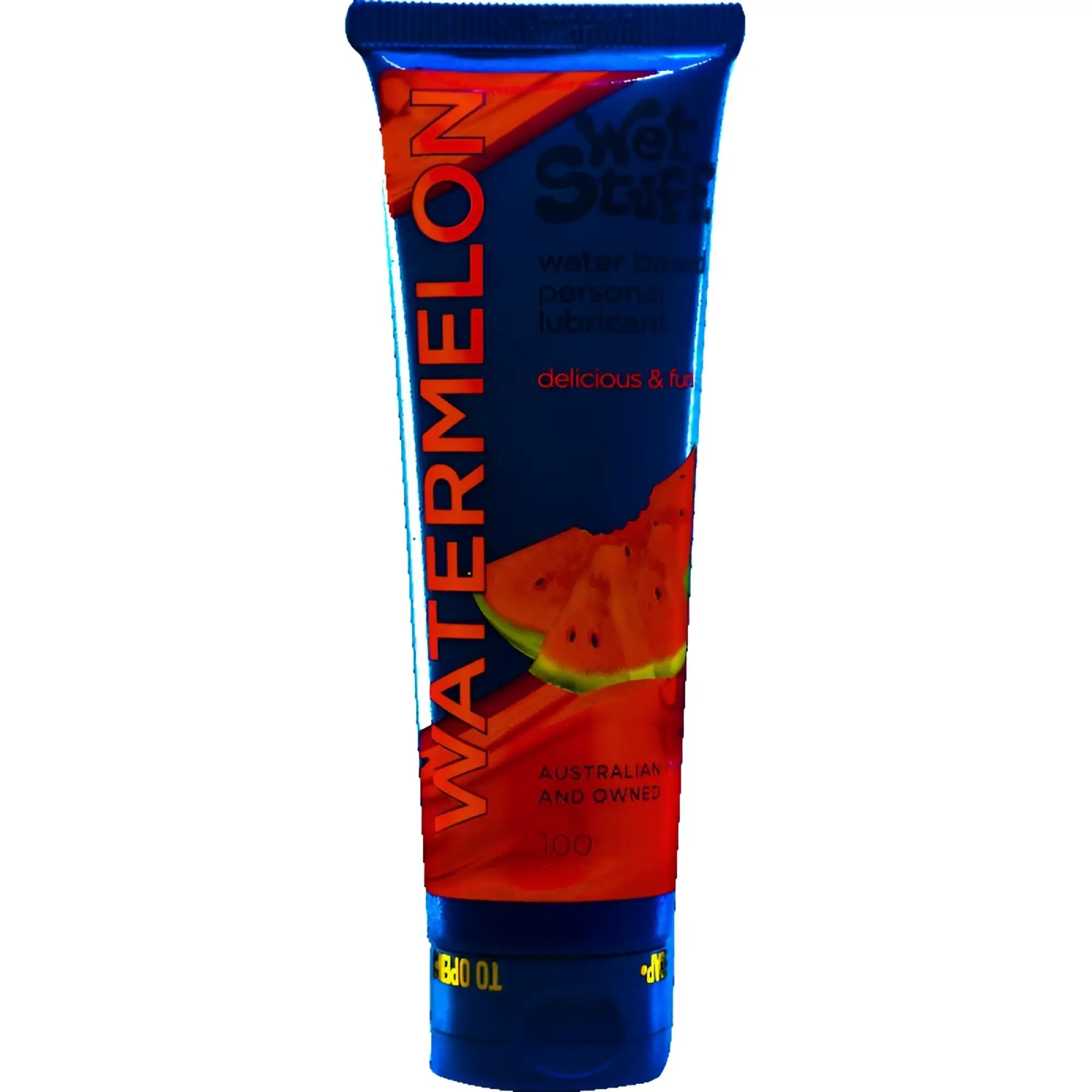 A vibrant blue and orange 100g tube of wet stuff watermelon water-based personal lubricant with glossy finish