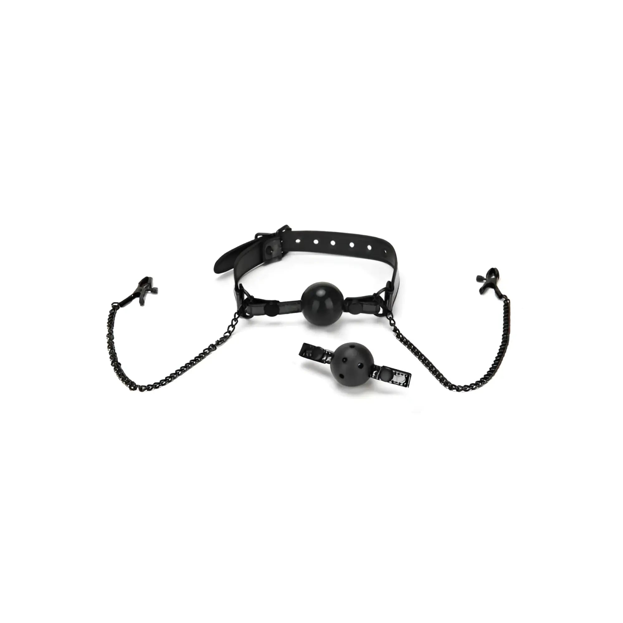 Black leather Whipsmart diamond ball gag with spherical mouth gag detachable ball and nipple clips connected by chains