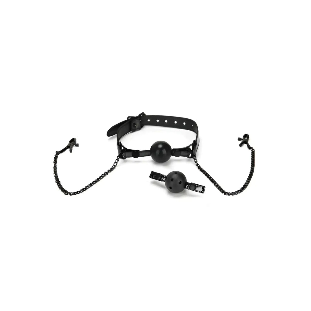 Black leather Whipsmart diamond ball gag with spherical mouth gag detachable ball and nipple clips connected by chains