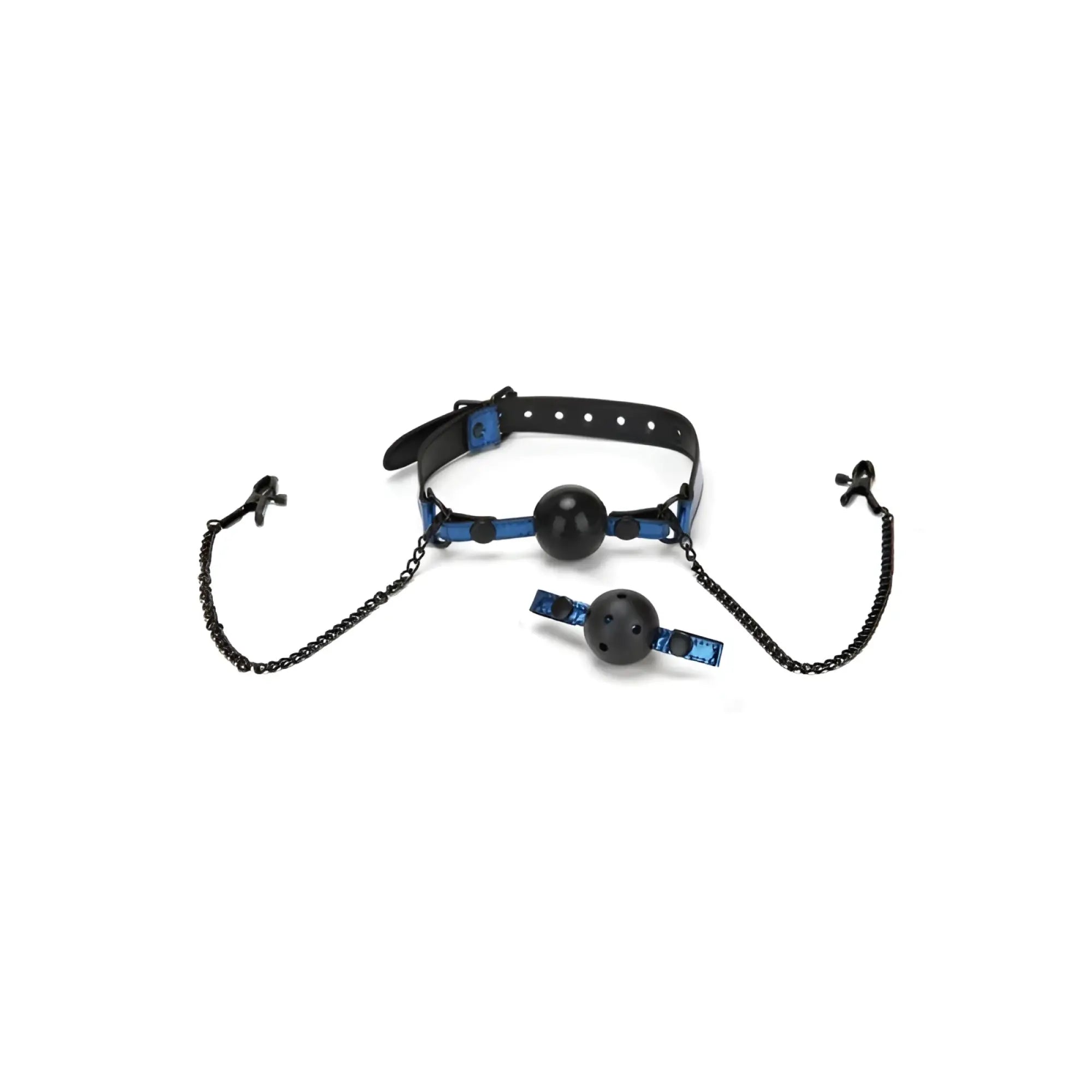 Black leather collar with blue accents featuring two black ball gag attachments connected by chains from Whipsmart