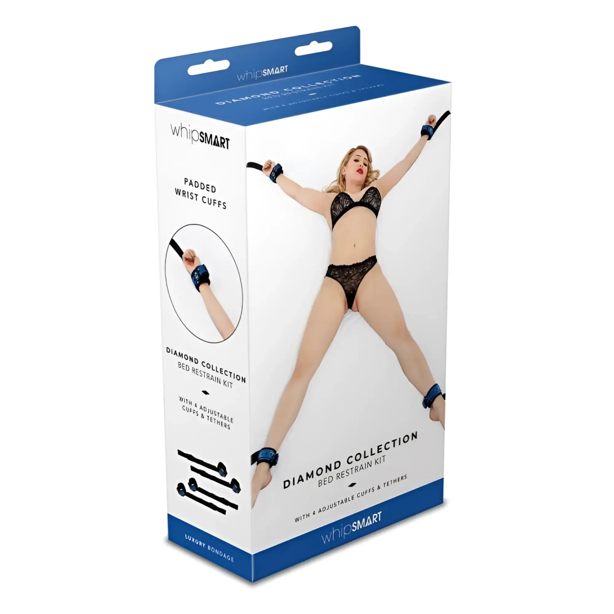Whipsmart diamond bed restraint kit with padded wrist cuffs and adjustable black and blue tethers for secure restraint