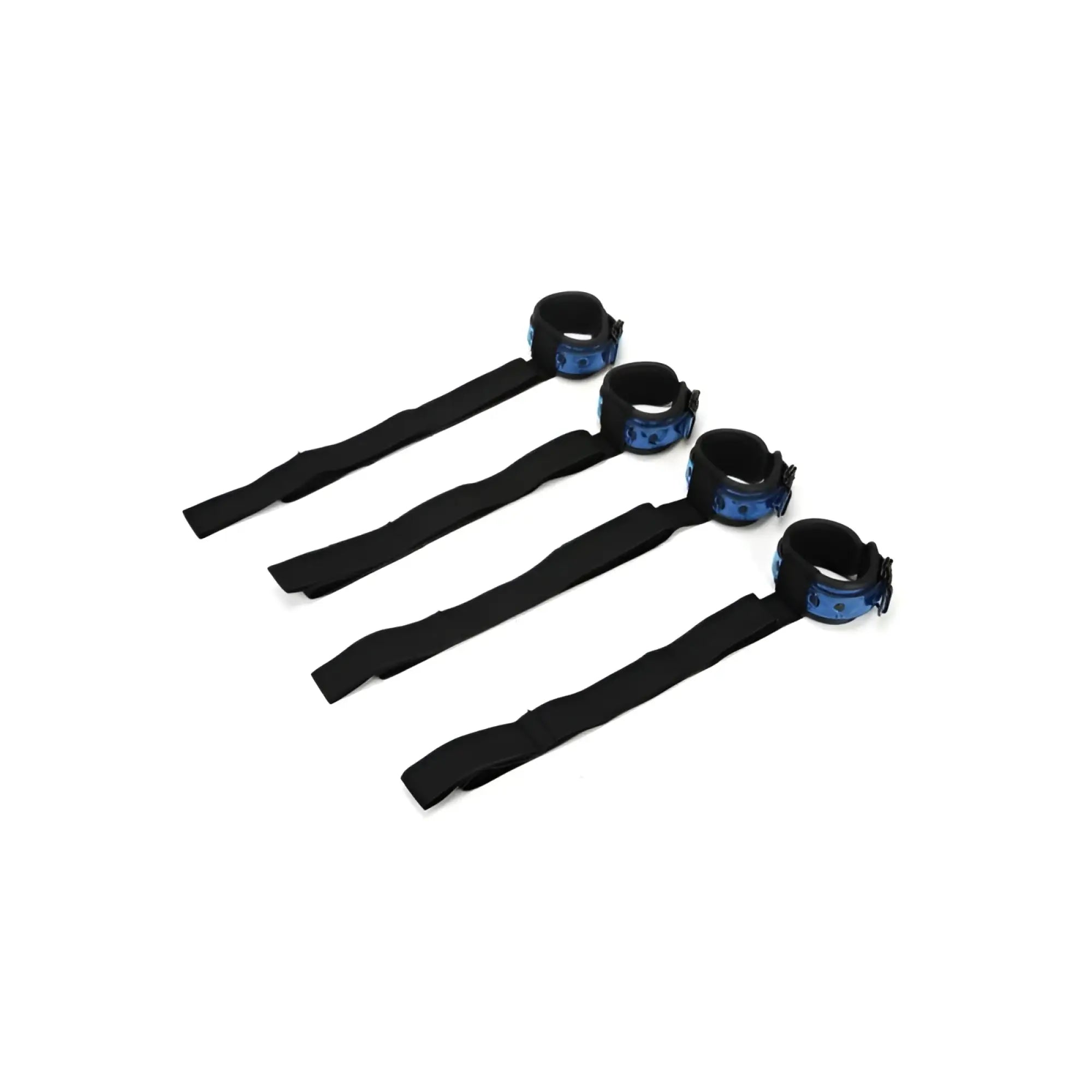Set of four black fabric wrist cuffs with blue metallic clasps from Whipsmart diamond bed restraints blue collection
