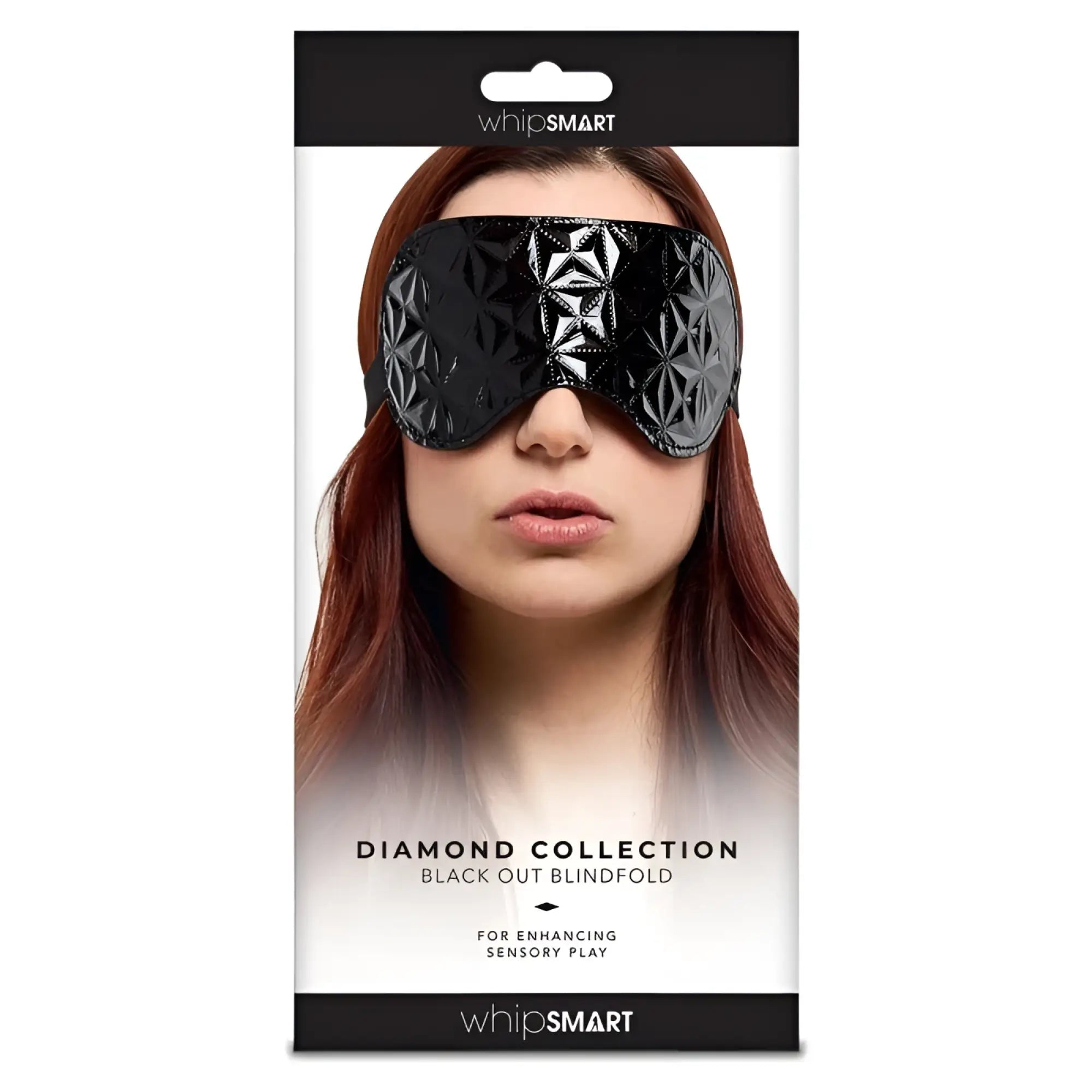 Black glossy blindfold with geometric diamond pattern from Whipsmart whip smart for sensual play and restraint