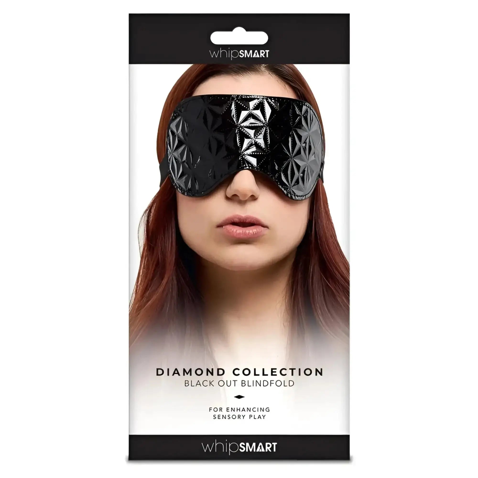 Black glossy blindfold with geometric diamond pattern from Whipsmart whip smart for sensual play and restraint