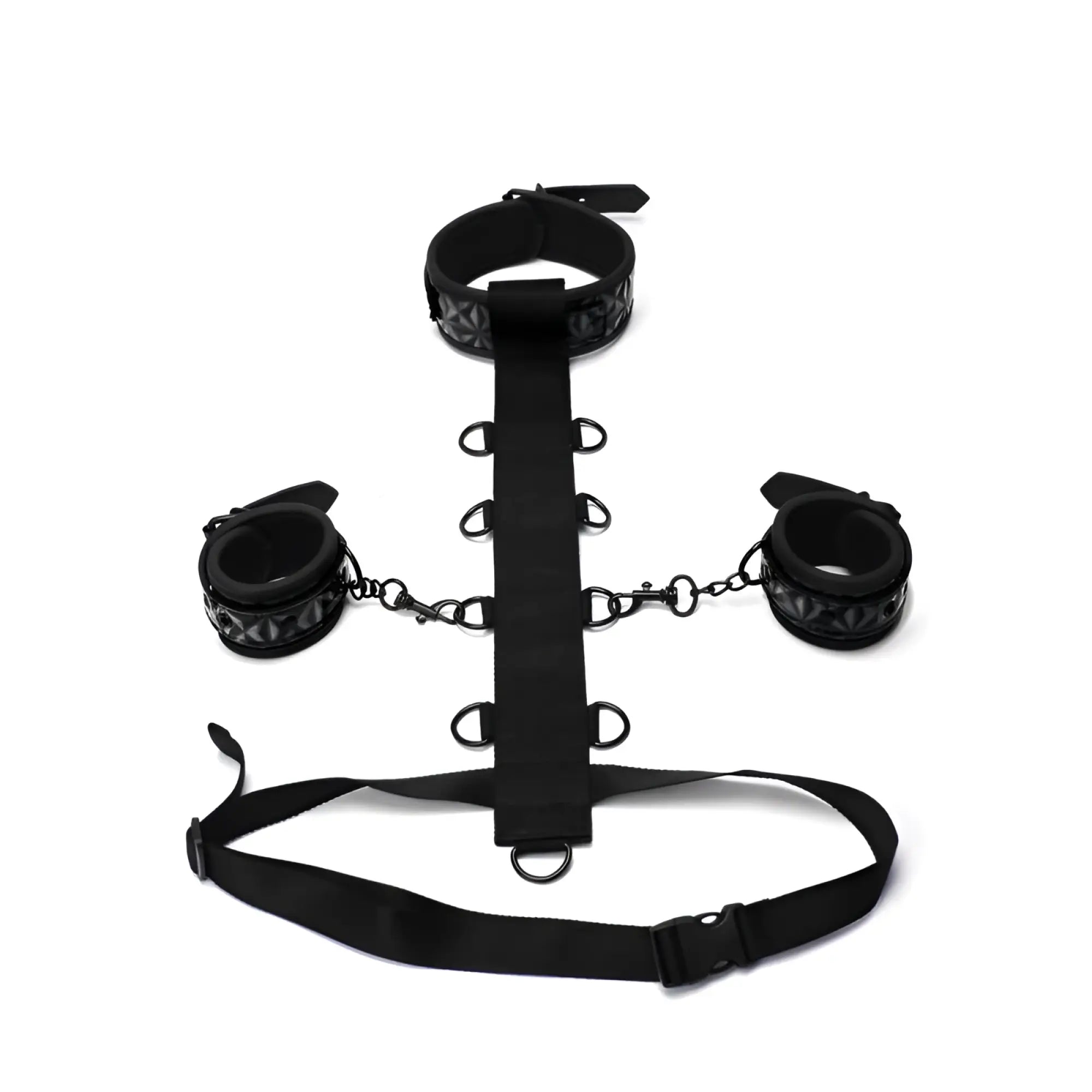 Black leather bondage set with decorative patterned cuffs and central strap from whipsmart whip smart diamond body restraint