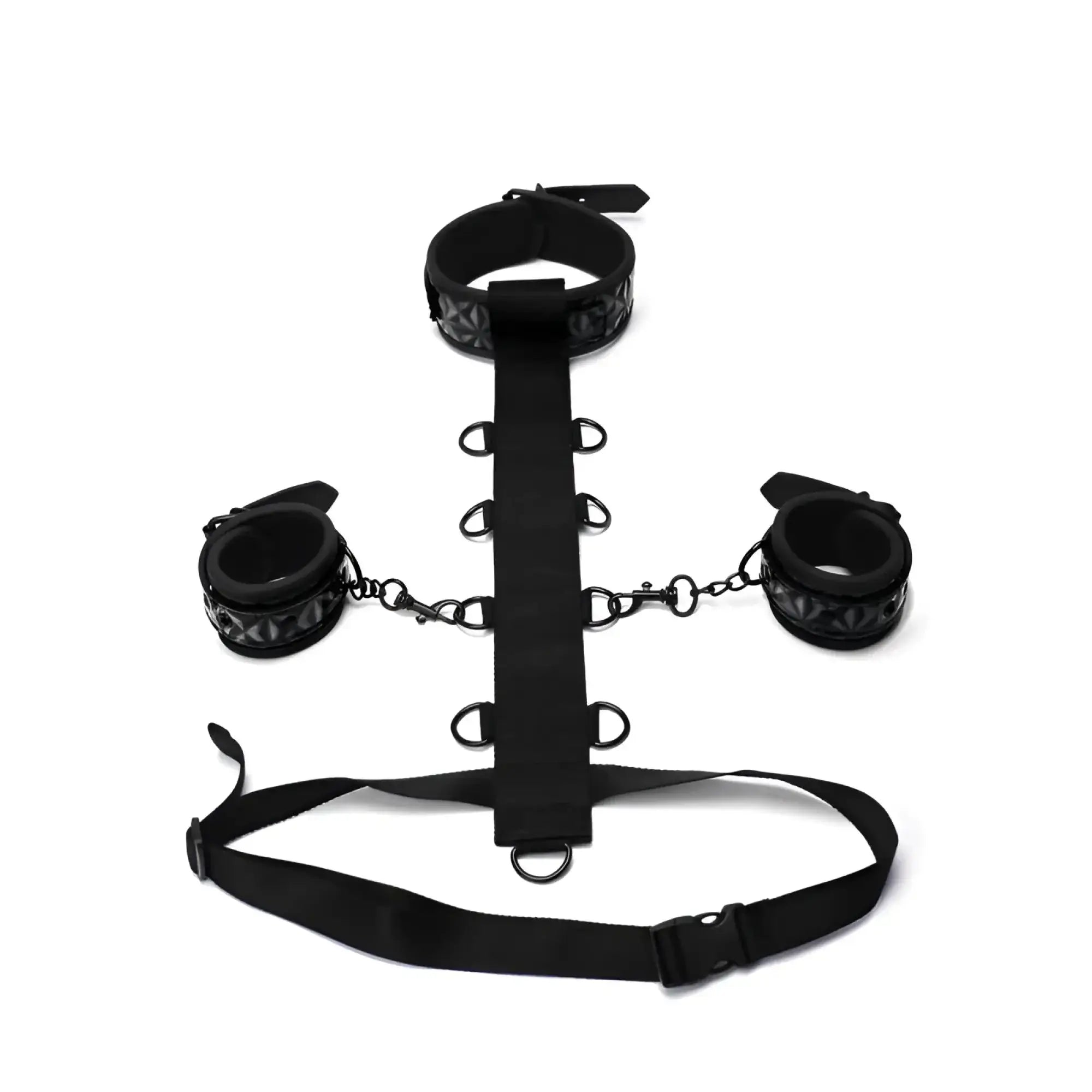 Black leather bondage set with decorative patterned cuffs and central strap from whipsmart whip smart diamond body restraint