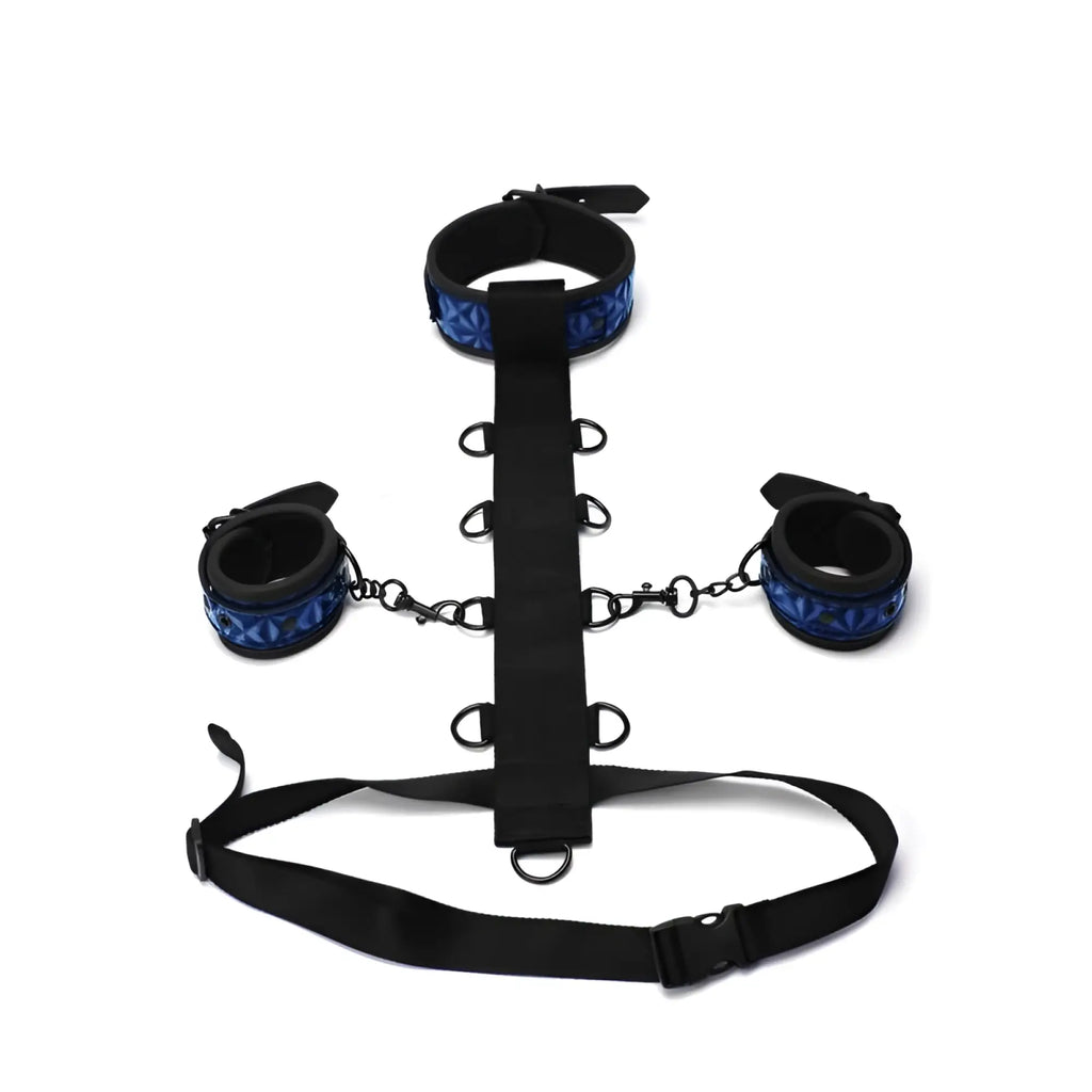 Whipsmart whip smart diamond body restraint 3 pc set blue featuring black and blue patterned bondage set with adjustable straps and metal clasps