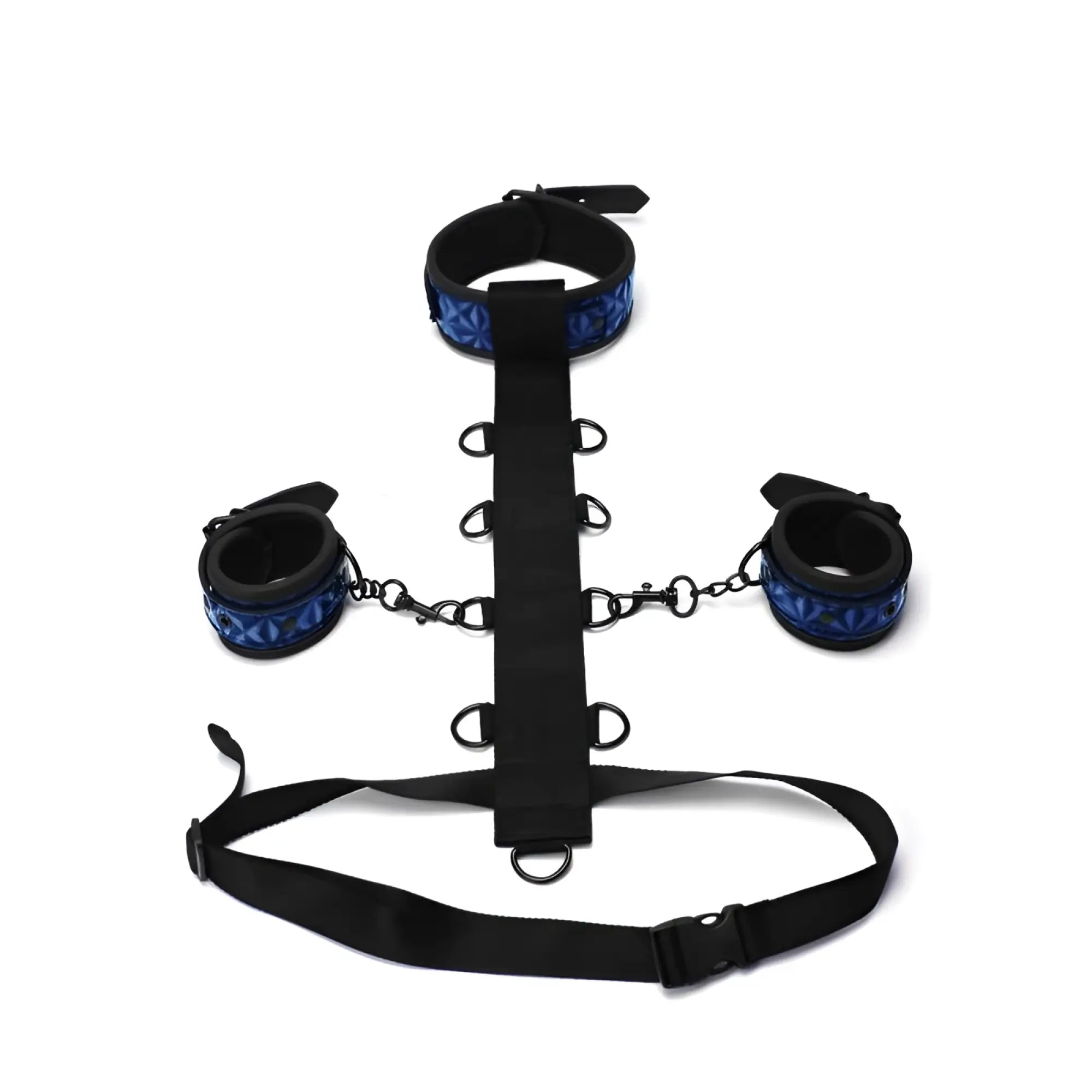 Whipsmart whip smart diamond body restraint 3 pc set blue featuring black and blue patterned bondage set with adjustable straps and metal clasps