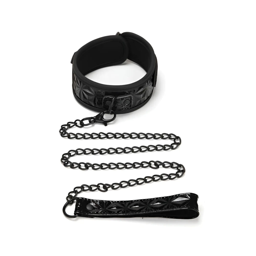 Black leather Whip smart diamond collar with embossed floral pattern and matching chain leash