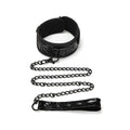 Black leather Whip smart diamond collar with embossed floral pattern and matching chain leash