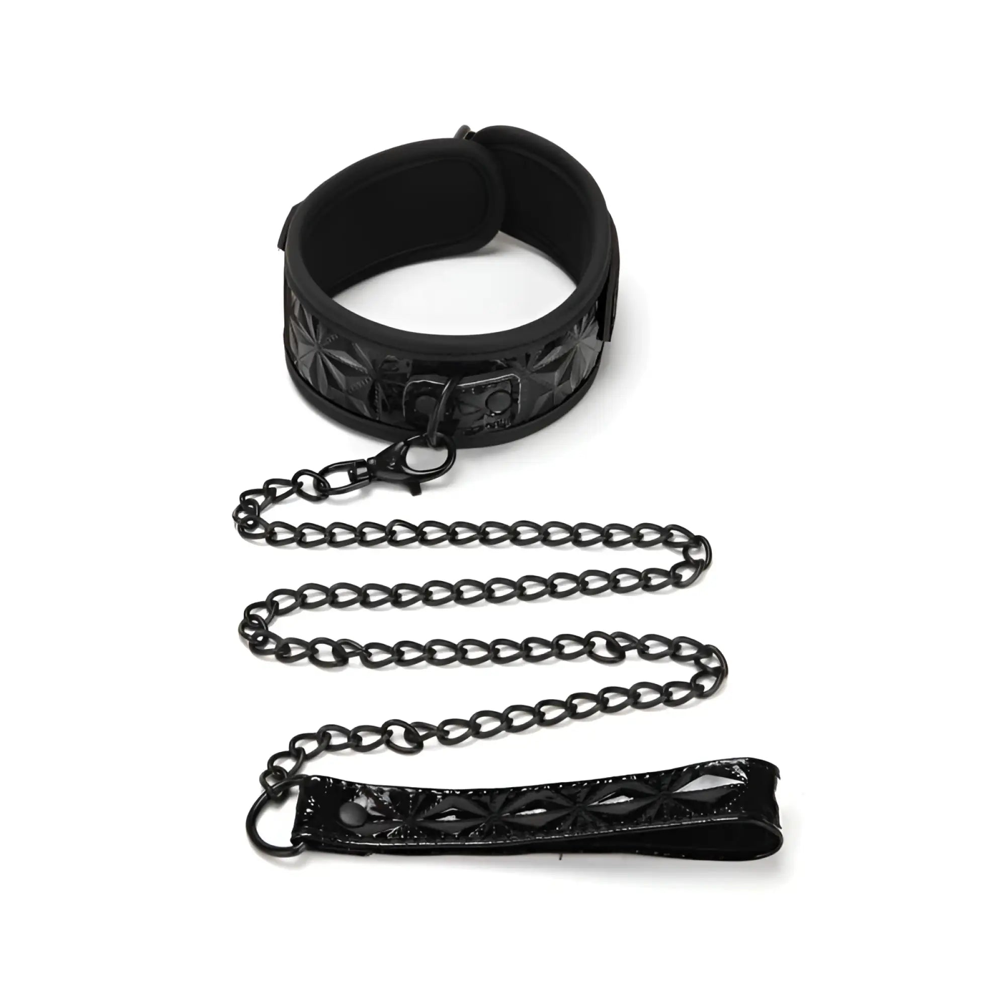 Black leather Whip smart diamond collar with embossed floral pattern and matching chain leash