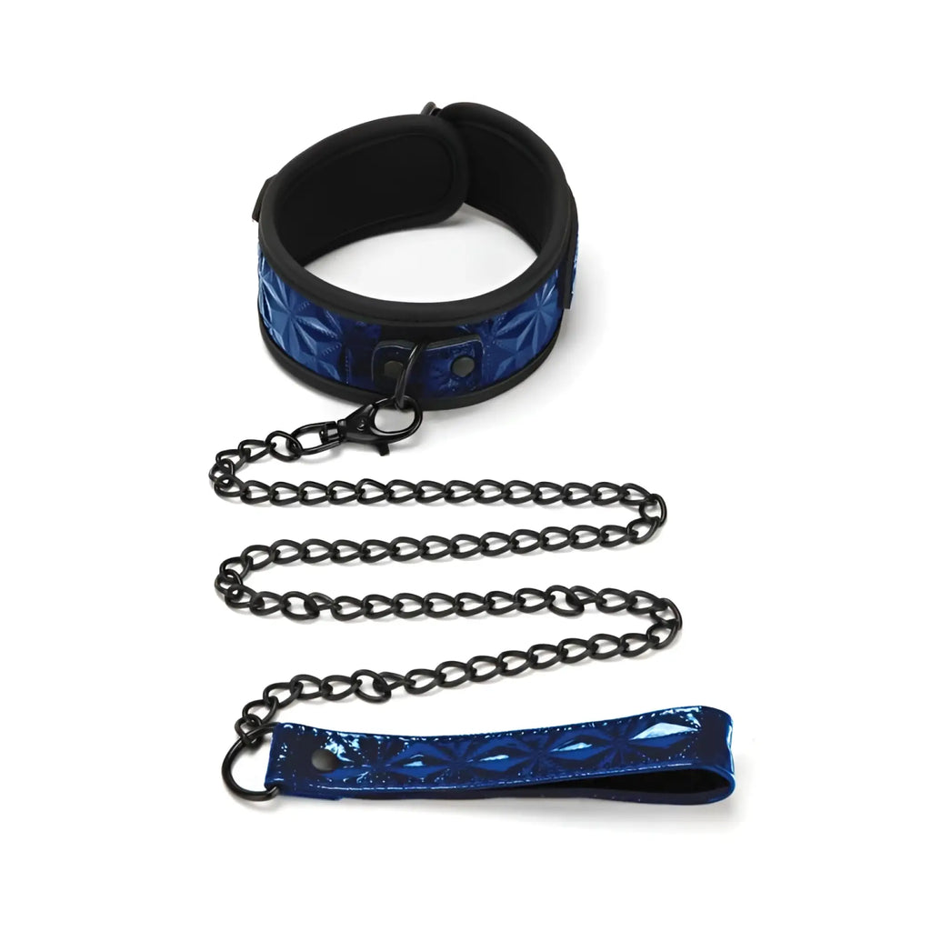 Blue holographic diamond collar with black chain and matching wrist strap from WhipSmart Whip Smart collection