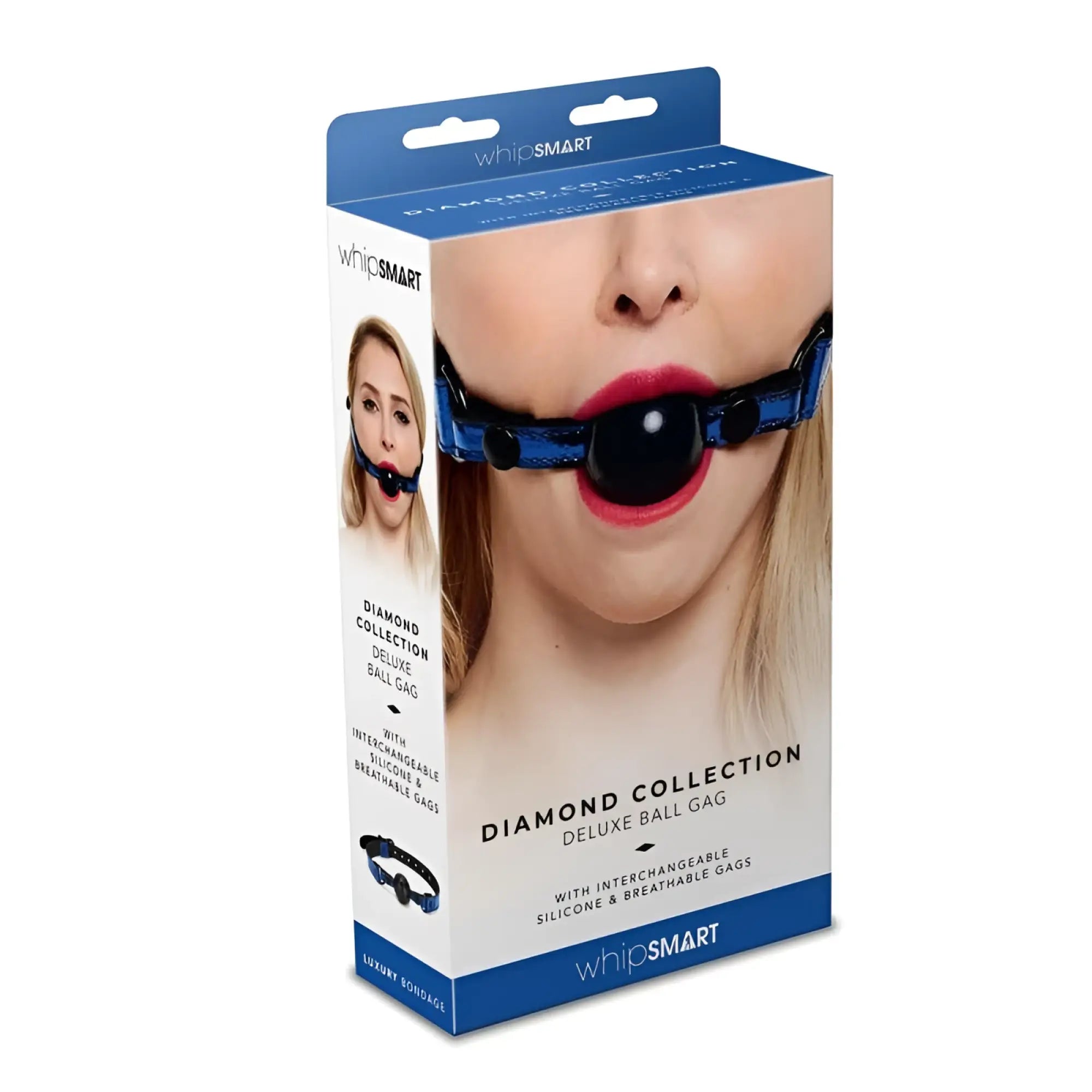 Whipsmart diamond deluxe ball gag in blue and black with interchangeable silicone and breathable gags for comfort