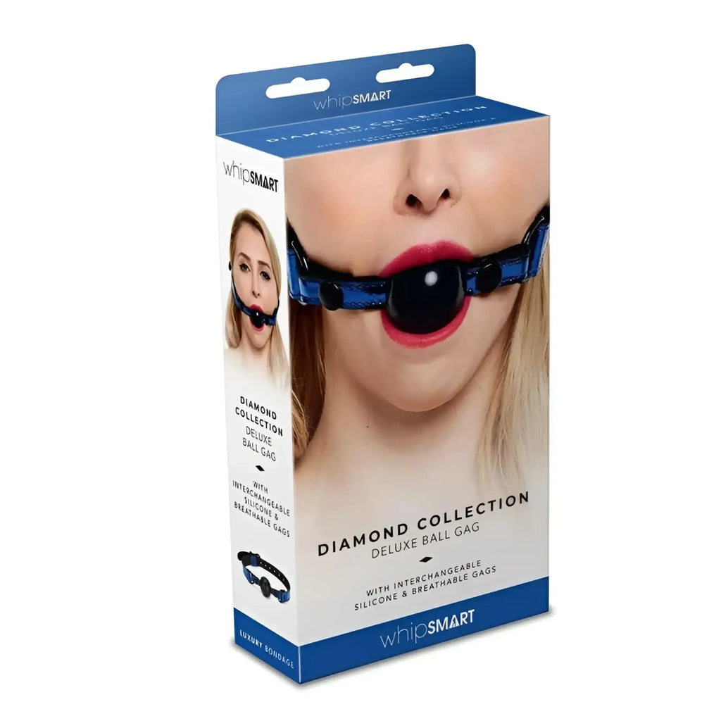 Whipsmart diamond deluxe ball gag in blue and black with interchangeable silicone and breathable gags for comfort
