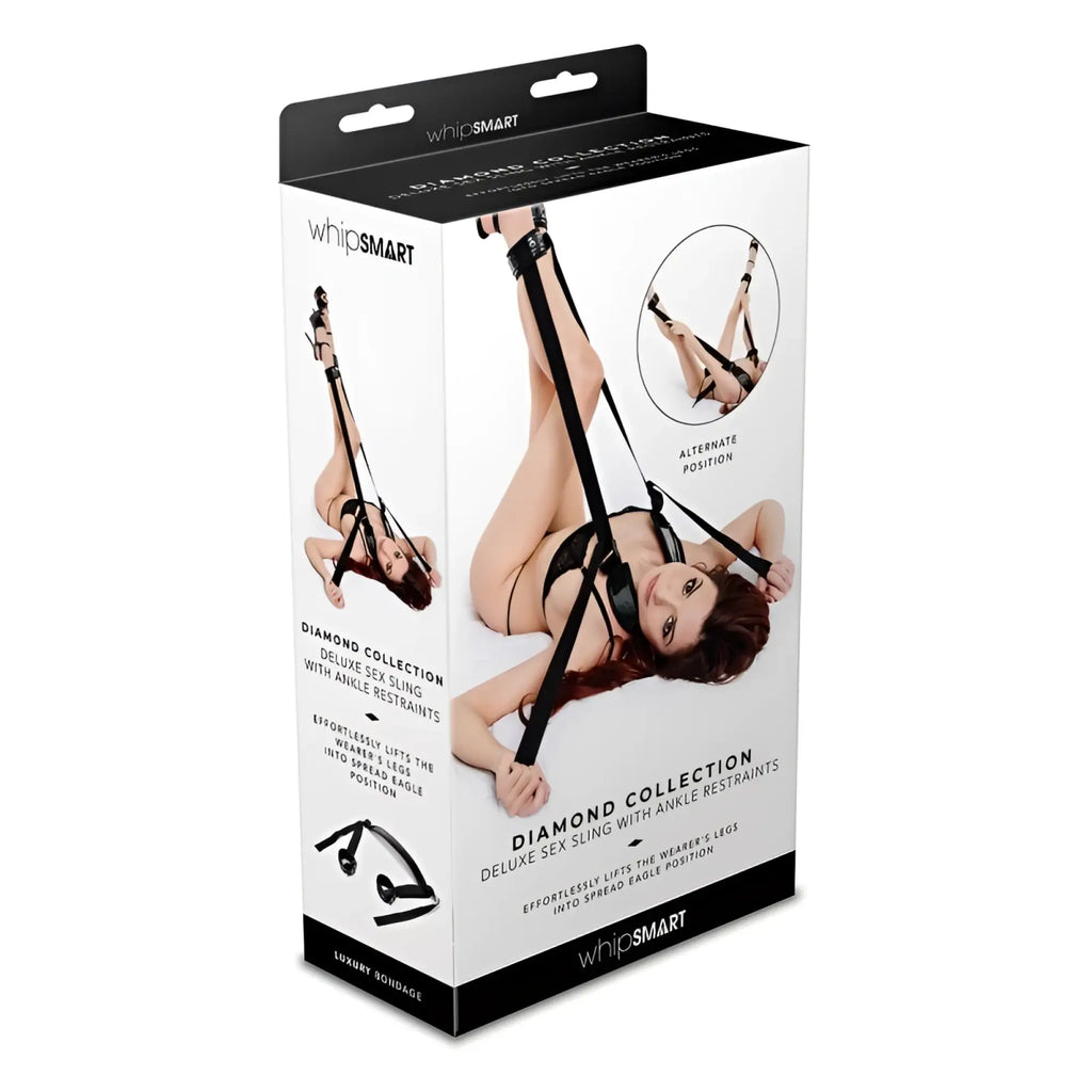 Black leather diamond deluxe sex sling with ankle restraints by Whipsmart designed for comfort and restraint play