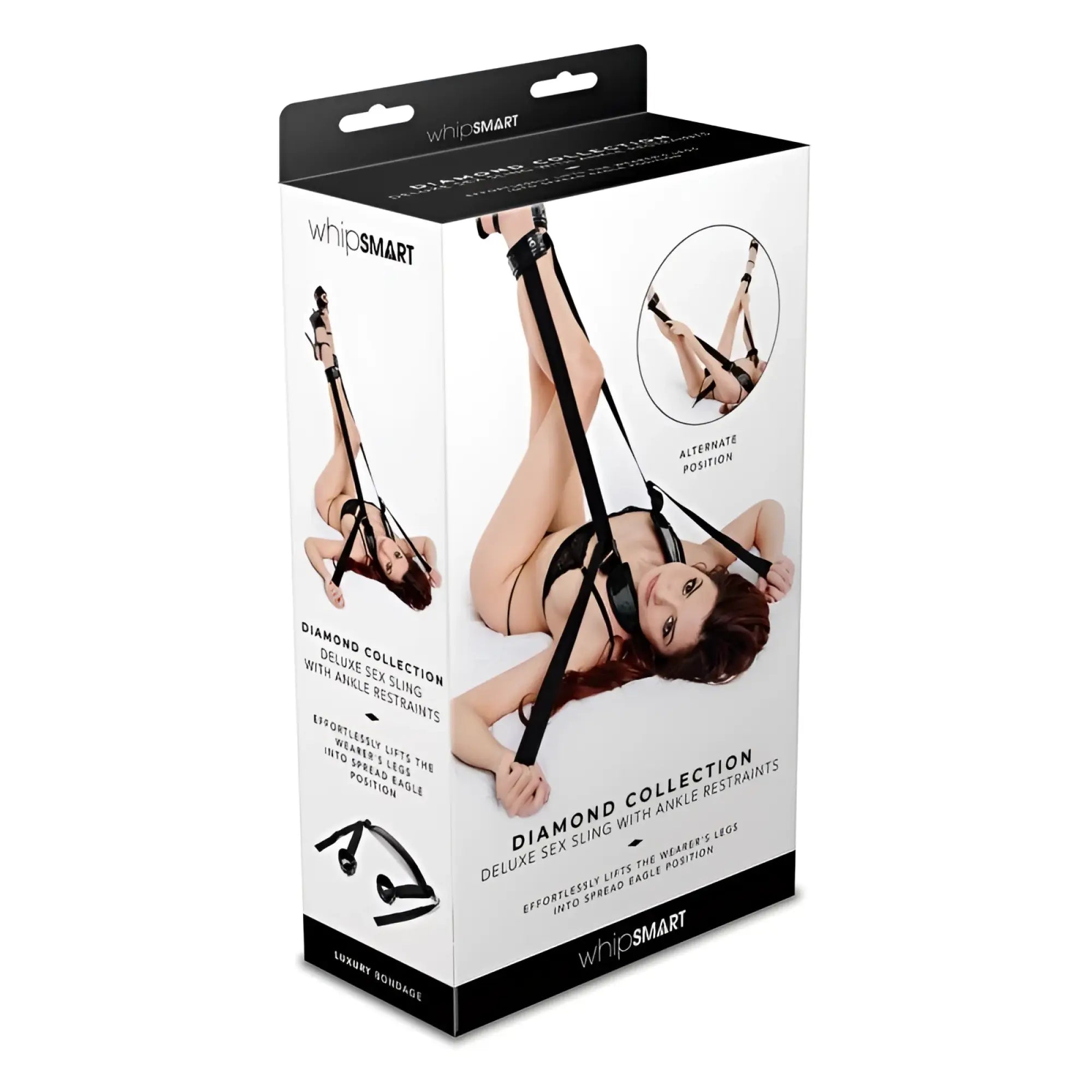 Black leather diamond deluxe sex sling with ankle restraints by Whipsmart designed for comfort and restraint play
