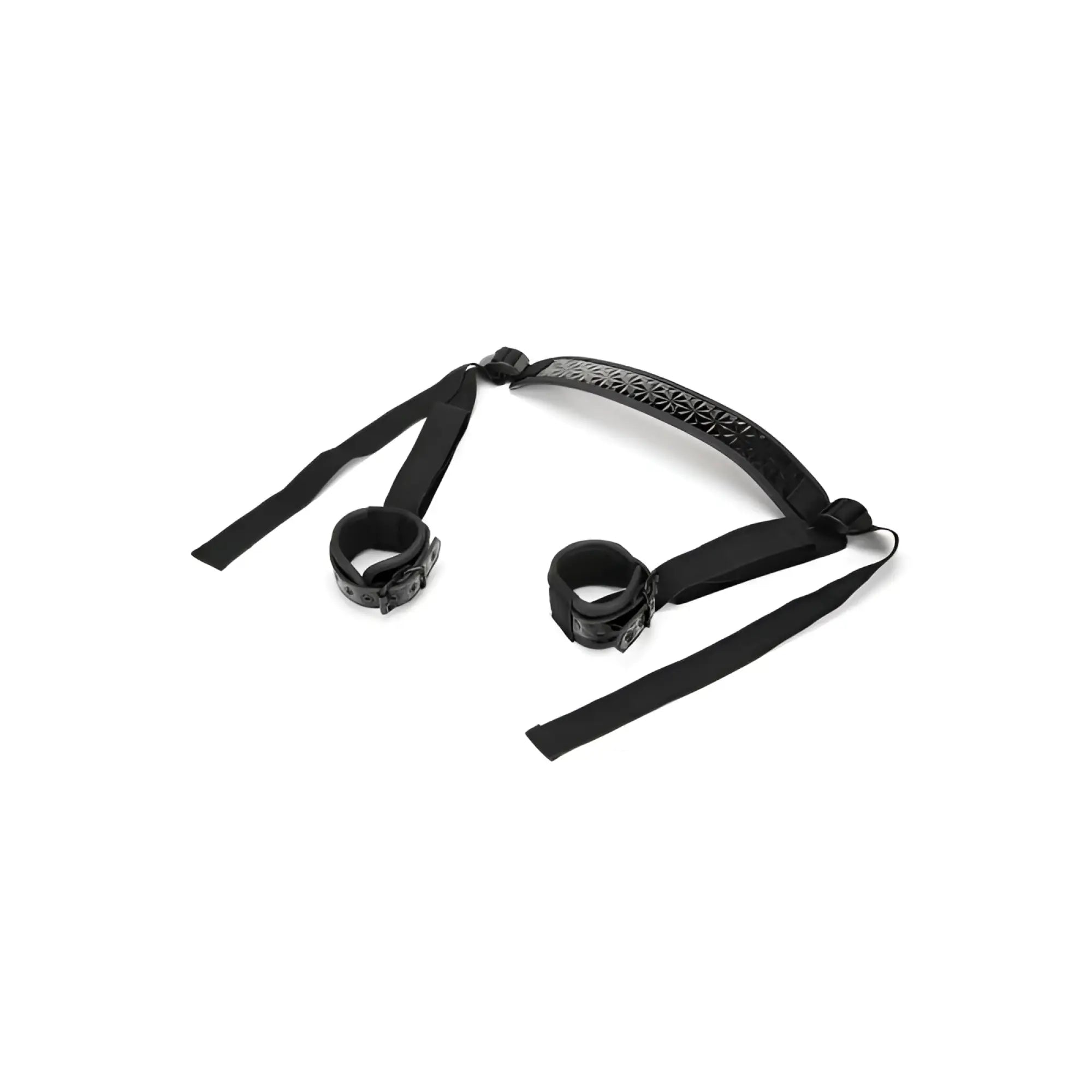 Black leather-like wrist and ankle restraints with textured central strap for whip smart diamond deluxe sex swing