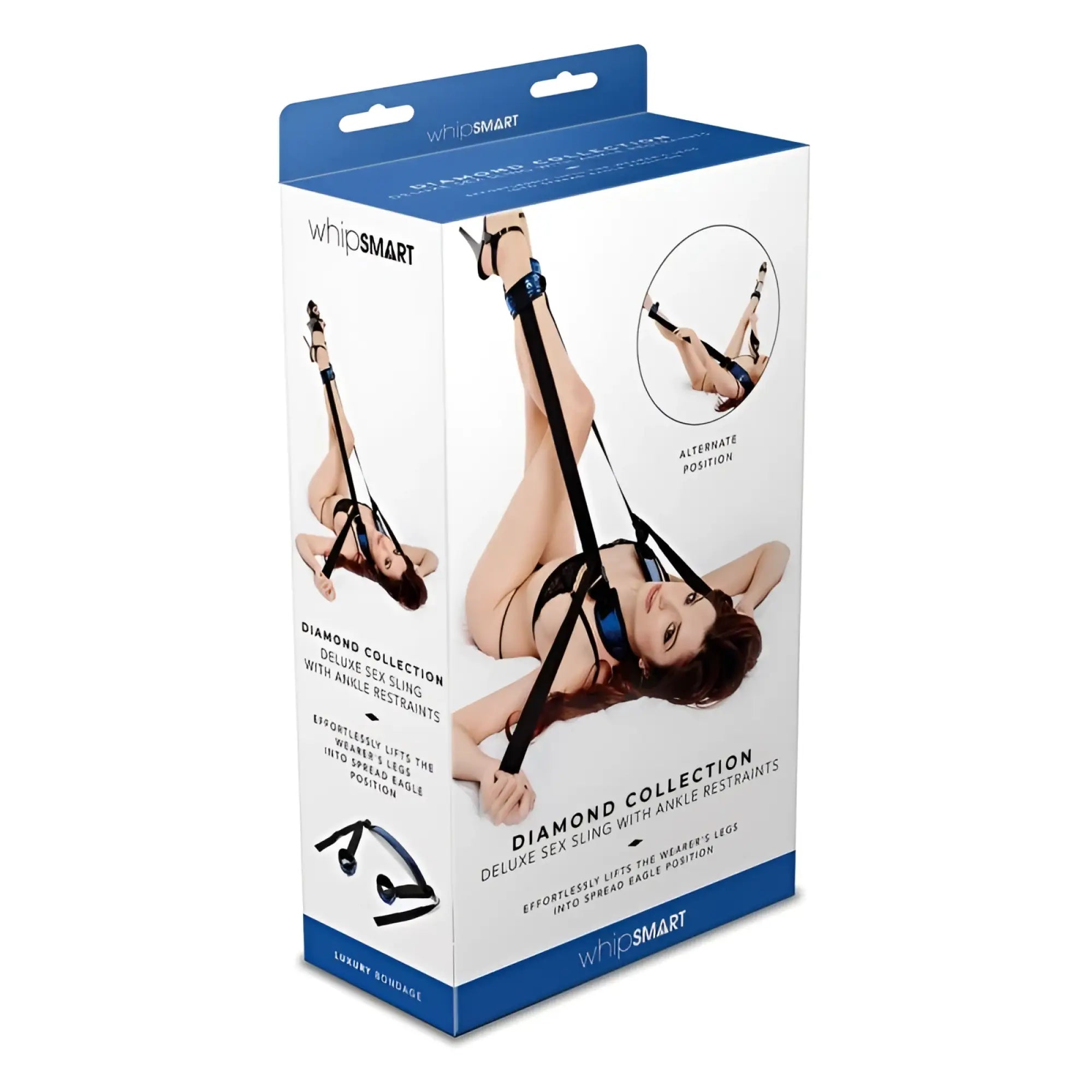 Whipsmart diamond deluxe sex sling with black and blue ankle restraints designed for comfort and secure restraint