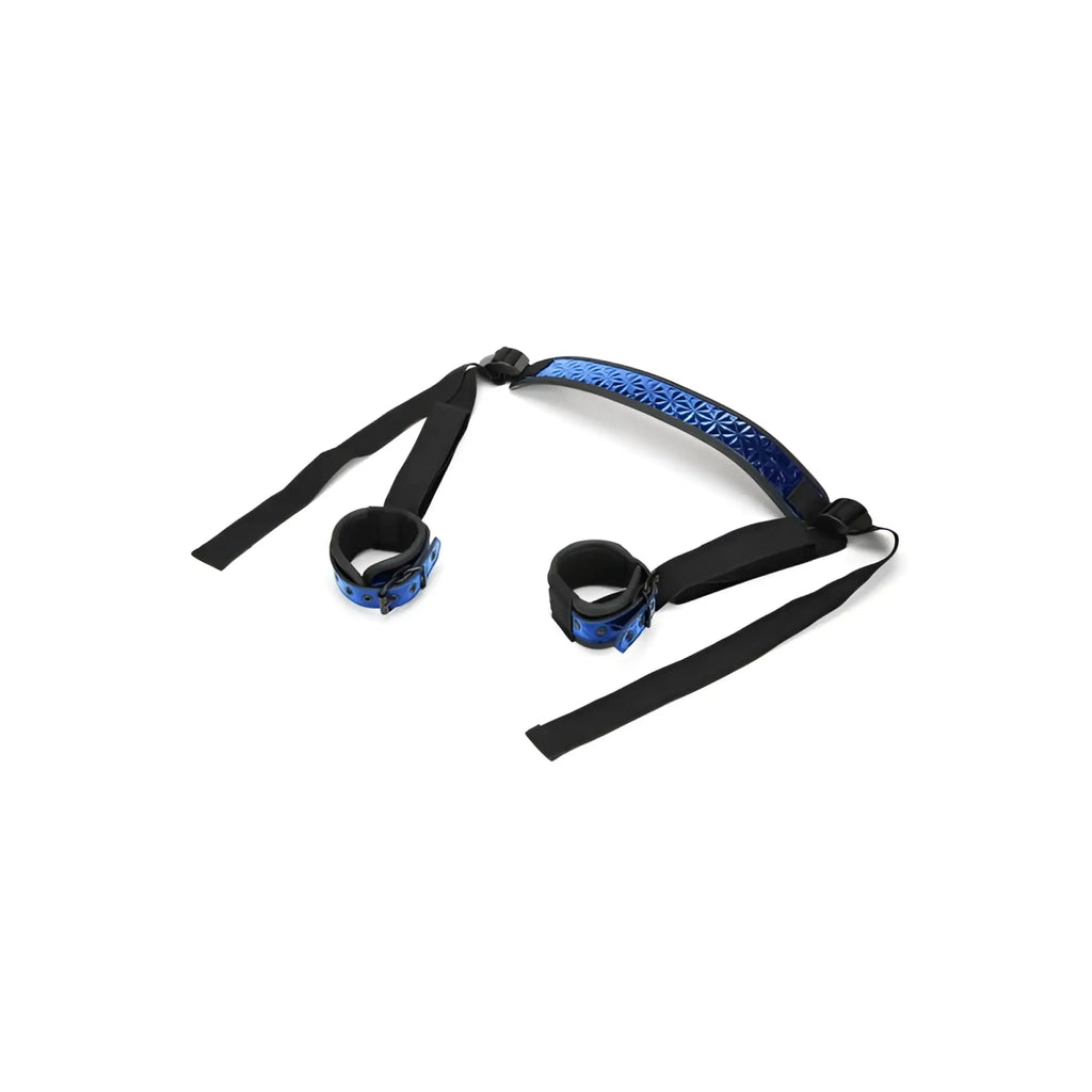 Blue patterned wrist restraint set with black straps and adjustable cuffs for whip smart diamond deluxe sex swing