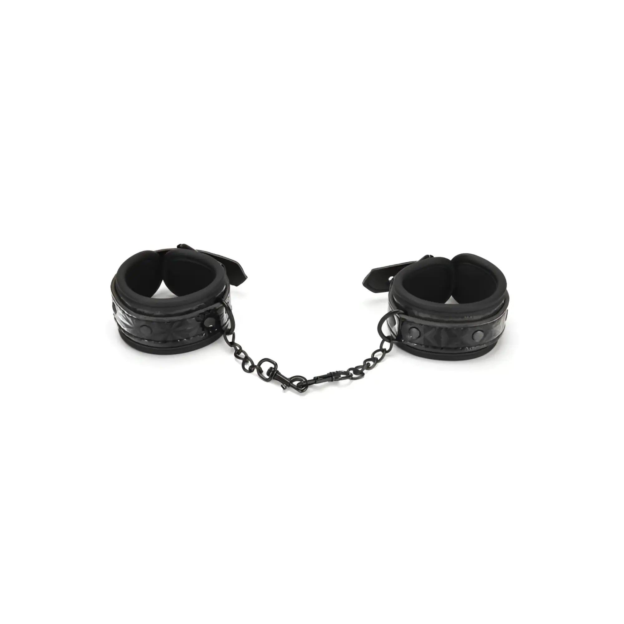 Black leather ankle cuffs connected by a chain from Whipsmart whip smart diamond handcuff black product