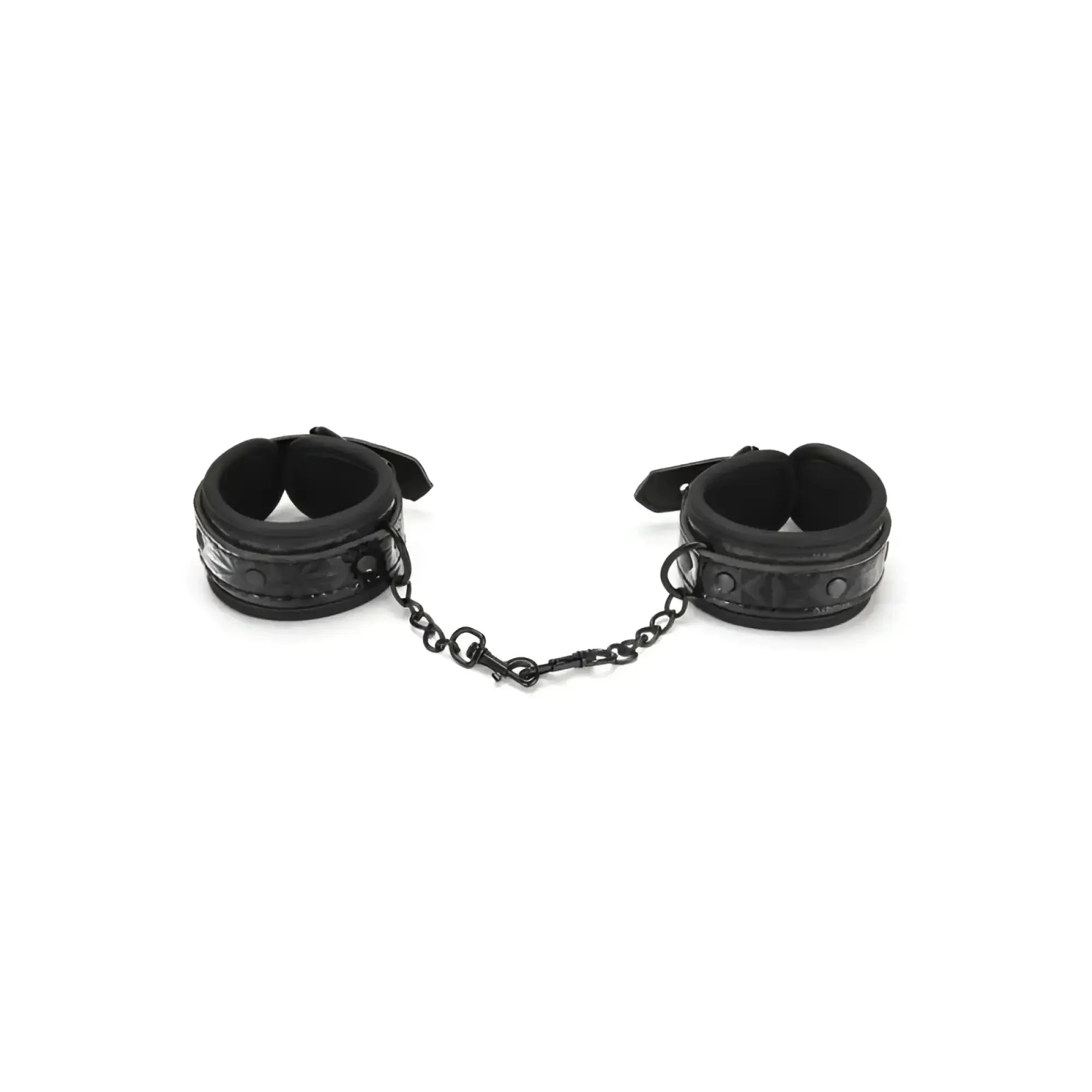 Black leather ankle cuffs connected by a chain from Whipsmart whip smart diamond handcuff black product
