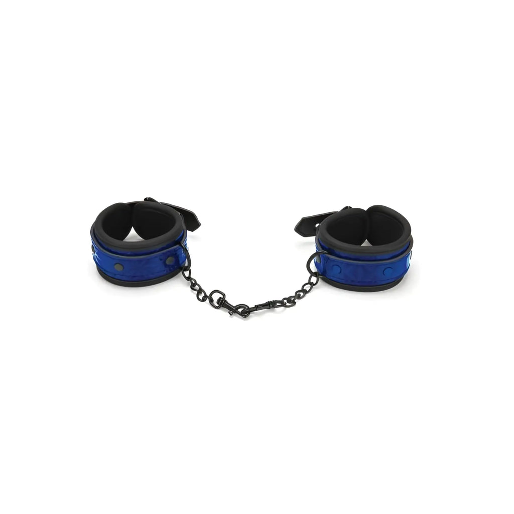 Blue and black padded handcuffs with chain link from whipsmart whip smart diamond collection designed for comfort and restraint