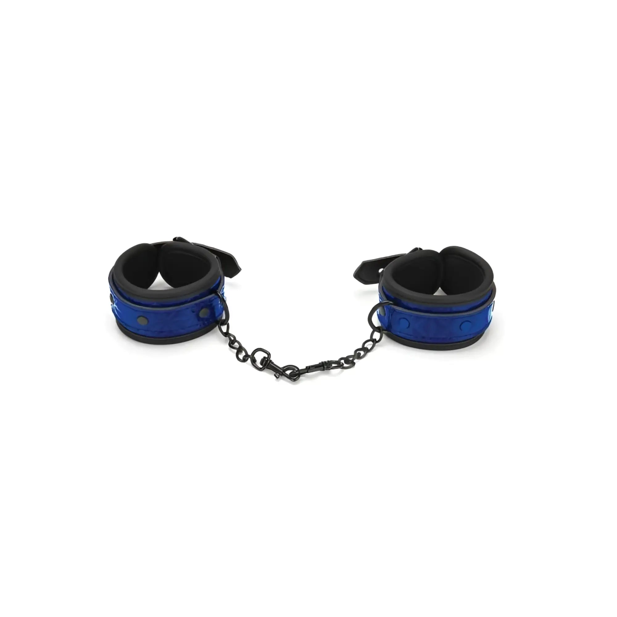 Blue and black padded handcuffs with chain link from whipsmart whip smart diamond collection designed for comfort and restraint