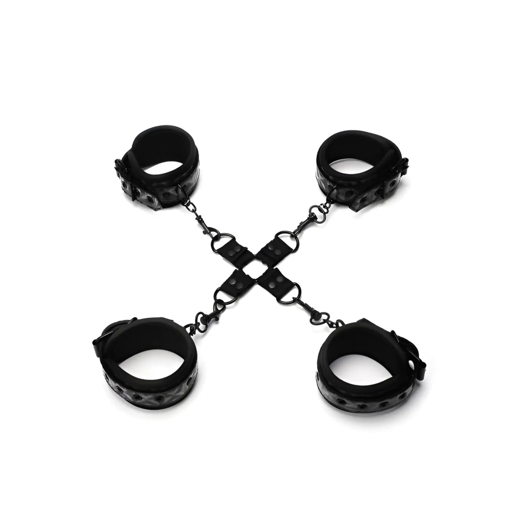 Black leather wrist and ankle cuffs connected by chain in x-shape whip smart diamond hogtie restraint black
