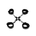 Black leather wrist and ankle cuffs connected by chain in x-shape whip smart diamond hogtie restraint black