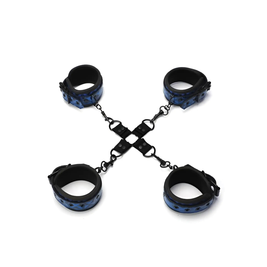 Blue and black leather handcuffs with central chain cross design in whipsmart diamond hogtie restraint blue product