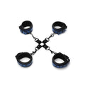 Blue and black leather handcuffs with central chain cross design in whipsmart diamond hogtie restraint blue product