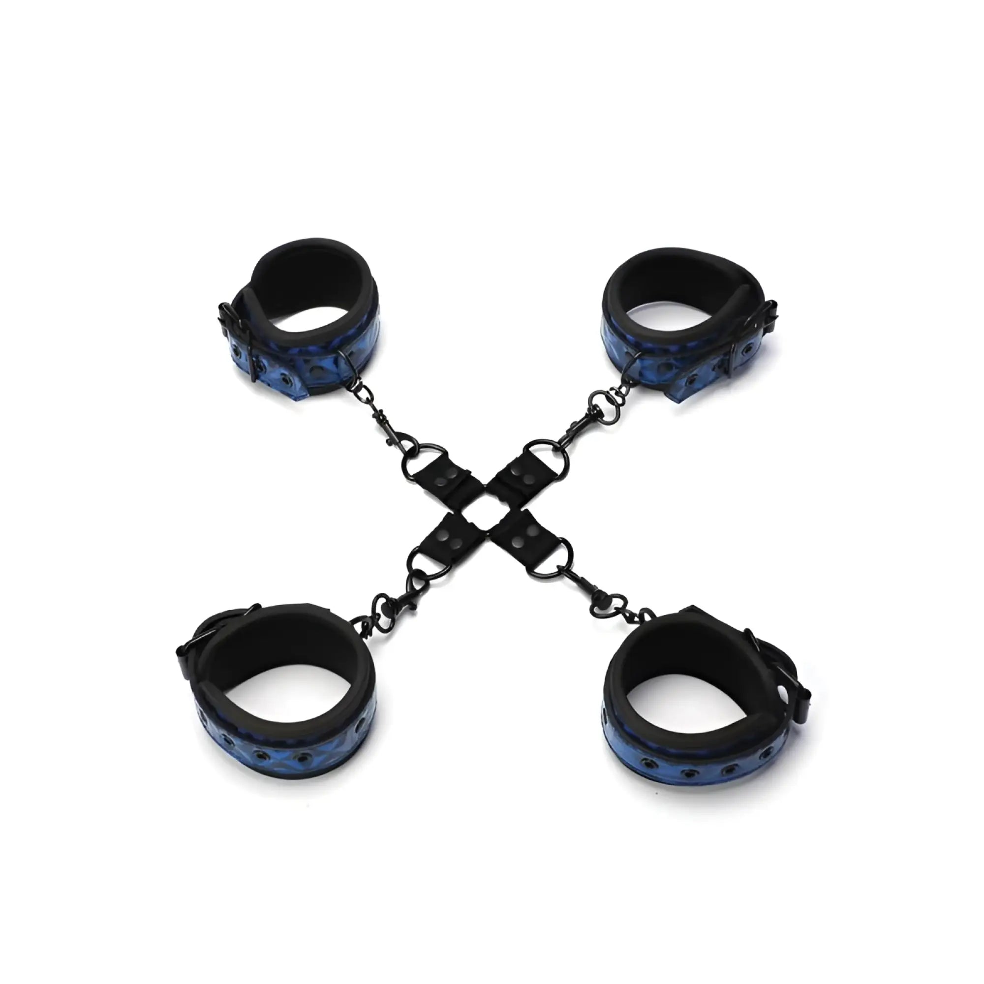 Blue and black leather handcuffs with central chain cross design in whipsmart diamond hogtie restraint blue product