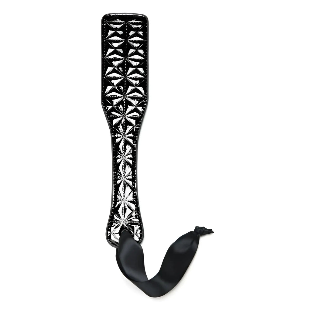 Whipsmart whip smart diamond paddle black leather with silver starburst pattern and black satin ribbon tie