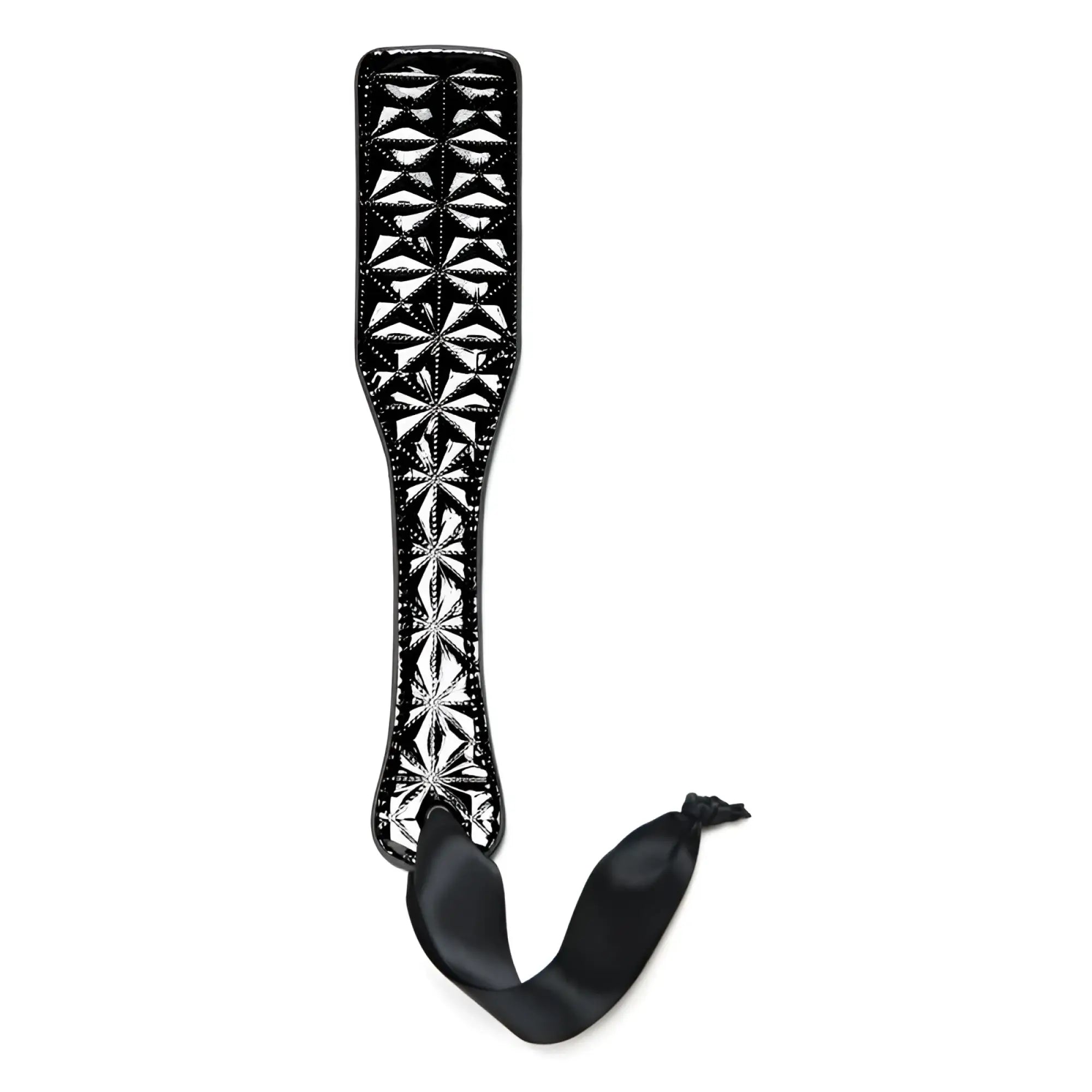 Whipsmart whip smart diamond paddle black leather with silver starburst pattern and black satin ribbon tie