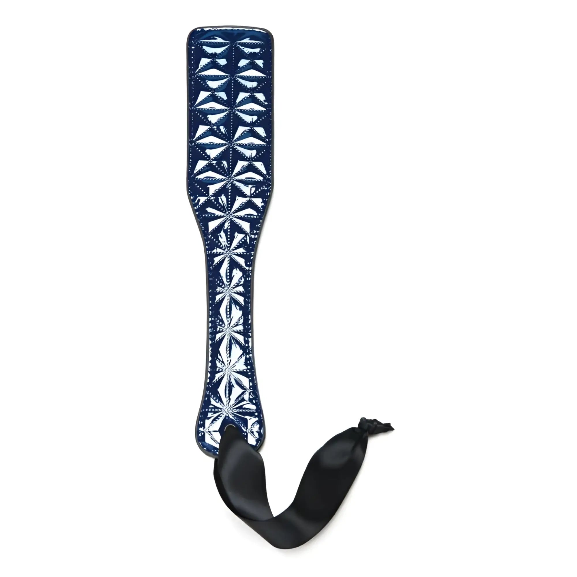 Dark blue leather whip smart diamond paddle with silver starburst quilting and black satin ribbon tie