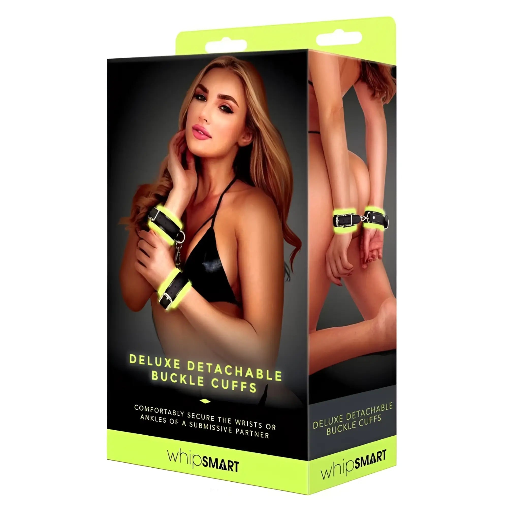 Neon green and black glow in the dark deluxe buckle cuffs by whipsmart with detachable buckles for adjustable fit