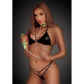 Black latex bra with silver chain and neon green whipsmart glow in the dark deluxe collar and leash