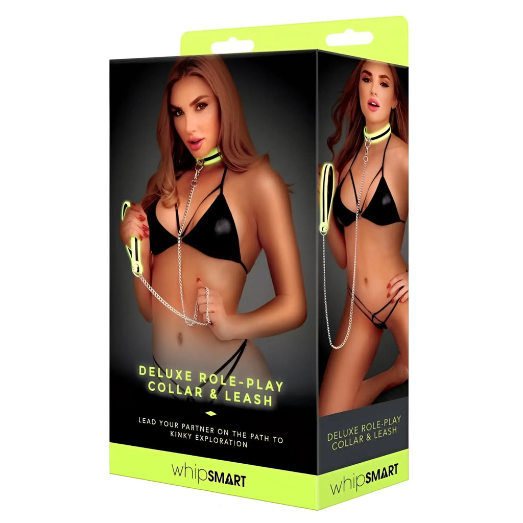 Whipsmart glow in the dark deluxe collar and leash set in neon green and black metal for role-play use