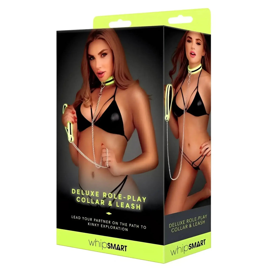 Whipsmart glow in the dark deluxe collar and leash set in neon green and black metal for role-play use